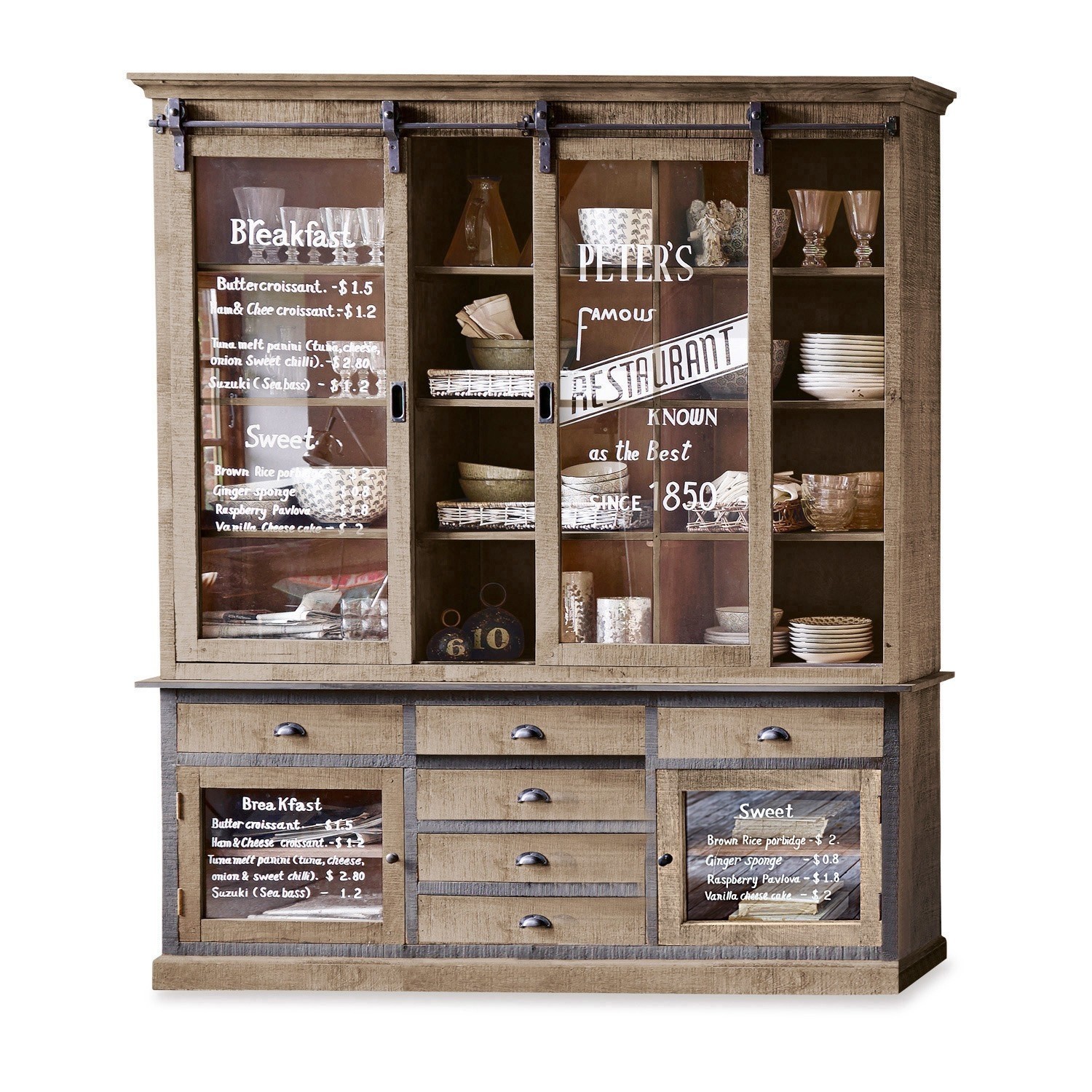 Credenza Peter´s Grande vetrina in legno con ante scorrevoli in vetro e ripiani per stoviglie in stile vintage