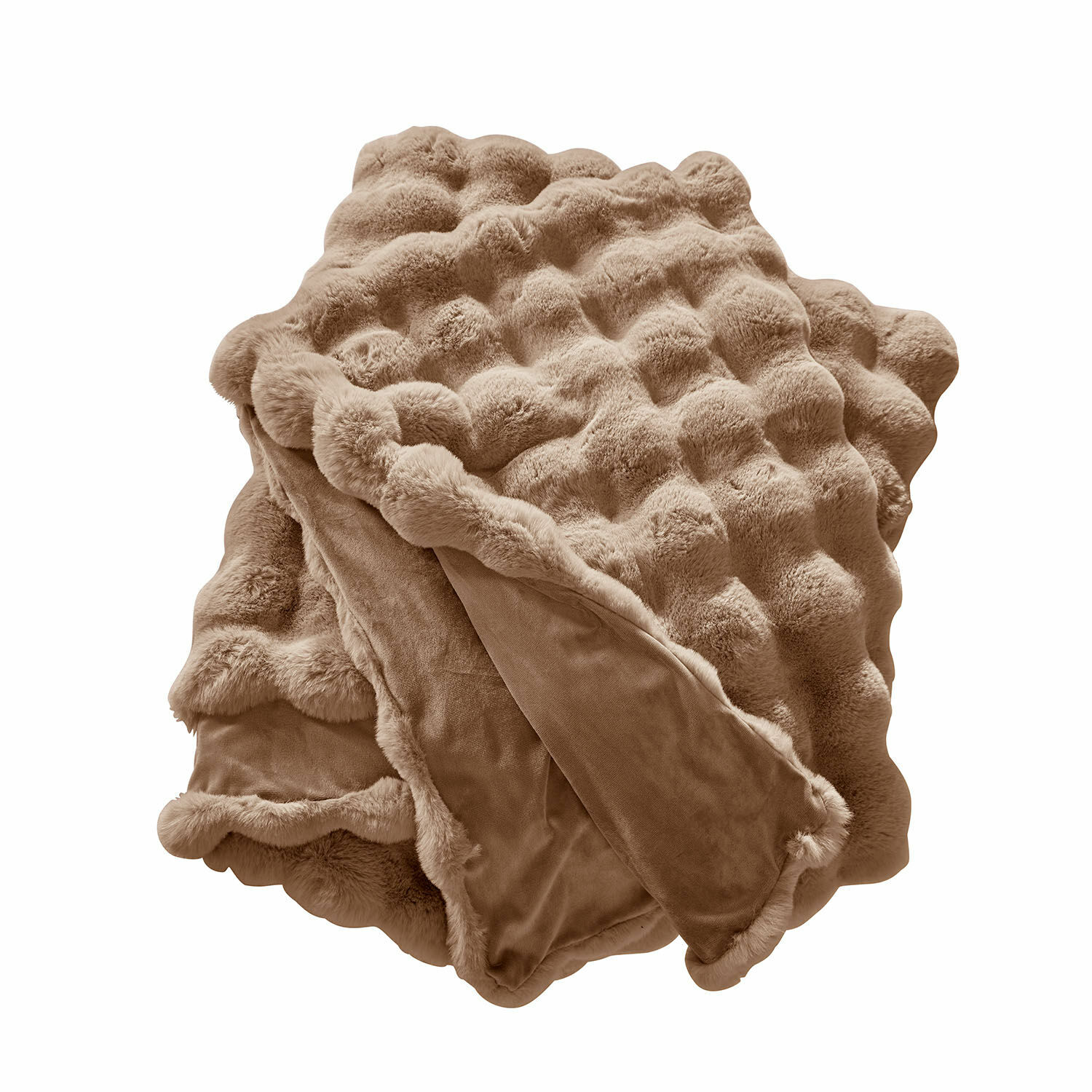 Coperta Zalina color taupe in materiale peloso morbido, perfetta per un ambiente domestico accogliente