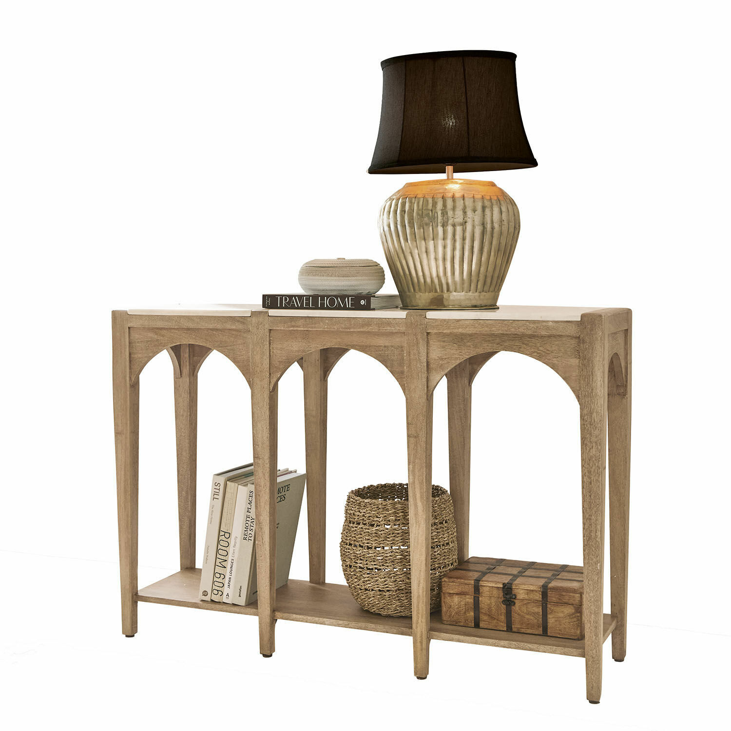 Consolle Annabelle Consolle in legno di mango naturale con lampada e decorazioni, mobile elegante per soggiorno