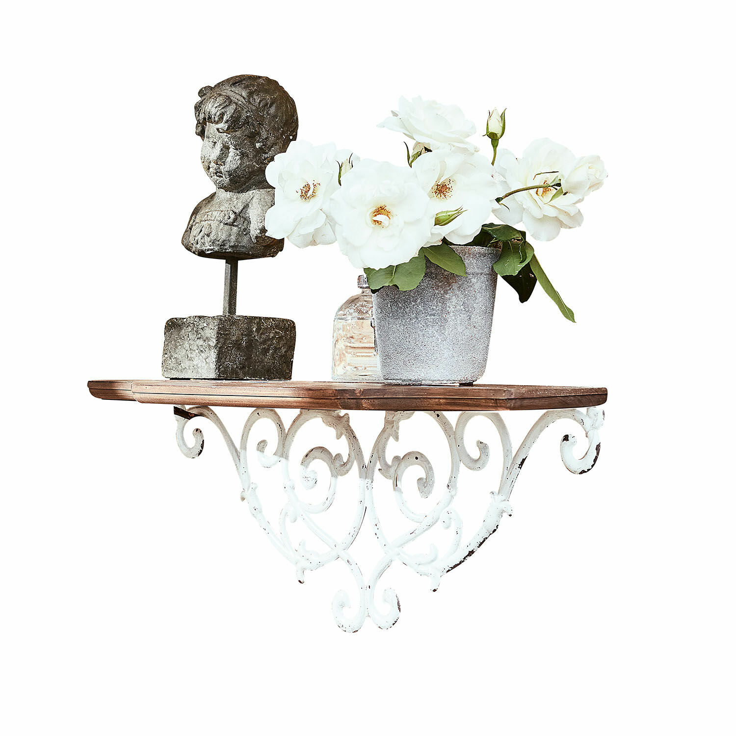 Mensola Rubén Mensola rustica da parete in legno e metallo bianco con busto decorativo e vaso con fiori bianchi