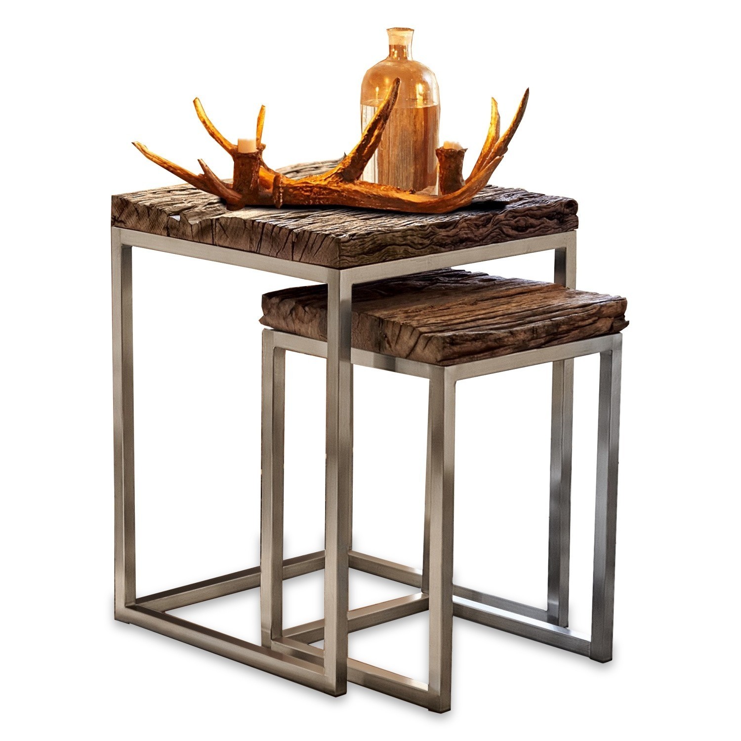 Coppia di tavolini di complemento Corbyn Set di due tavoli con piano in legno scuro e struttura metallica, design moderno per soggiorno