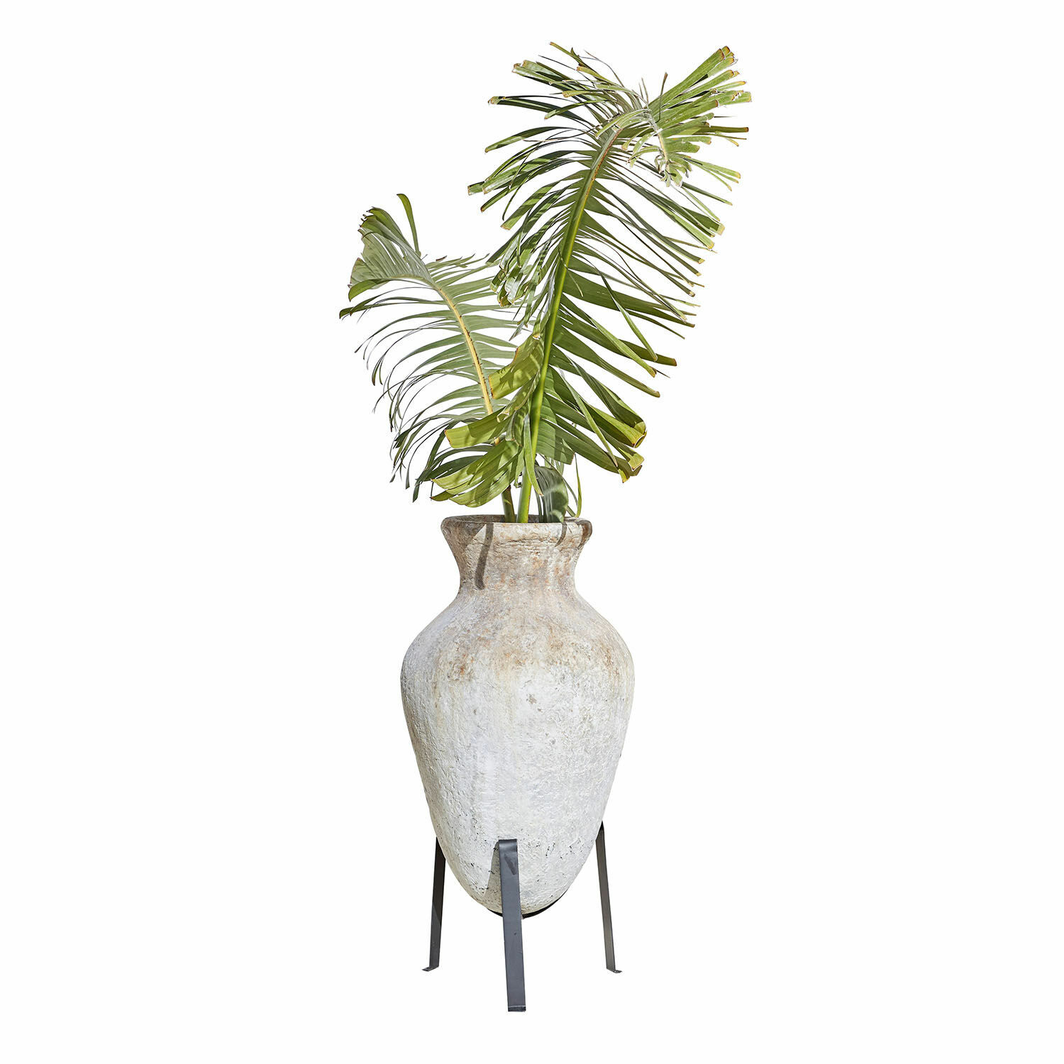 Portavaso Tearce Grande vaso in ceramica bianca su supporto metallico con foglie verdi decorative