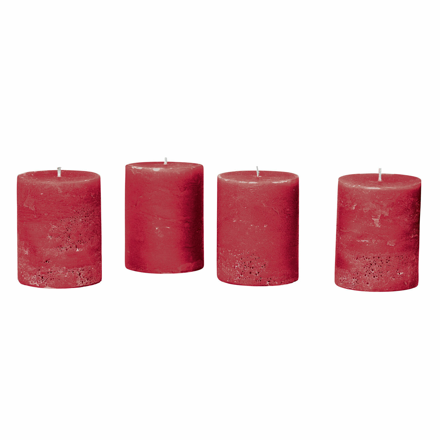 Set di 4 candele Virrans Quattro candele rosse in cera con texture rustica, ideali per decorazioni d'interni