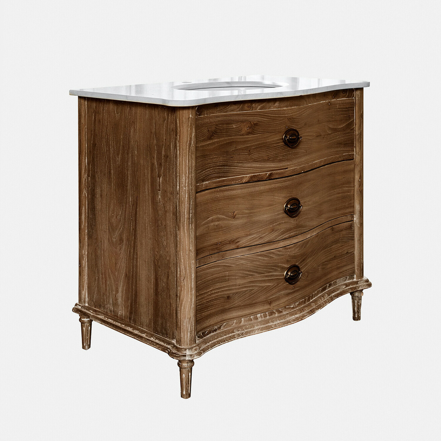 Mobile con lavabo Joravelle Comò in legno con tre cassetti e piano in marmo bianco, mobile elegante per soggiorno