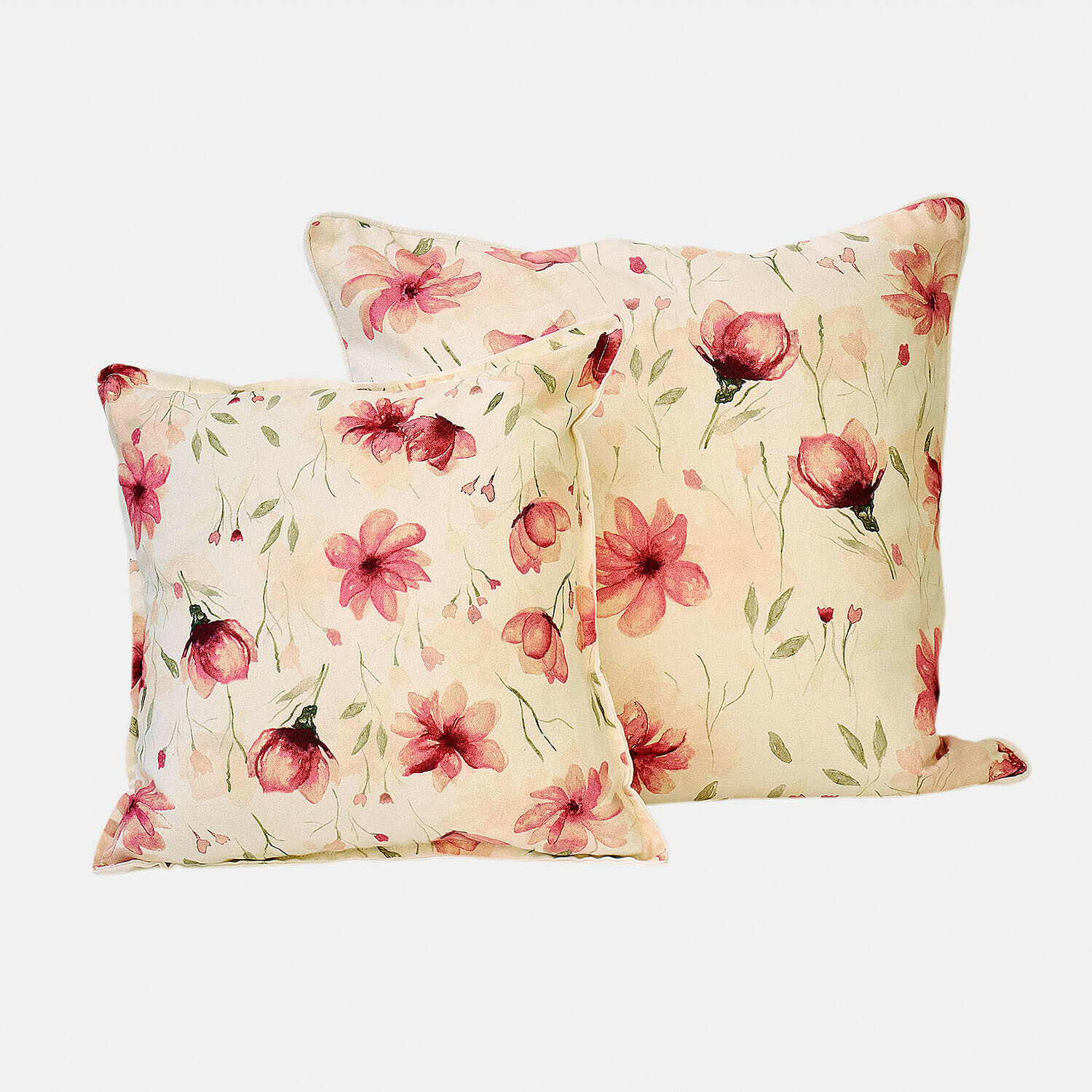 Coppia di copricuscini Doravela Set di due cuscini quadrati in cotone crema con motivo floreale rosa per decorazione casa