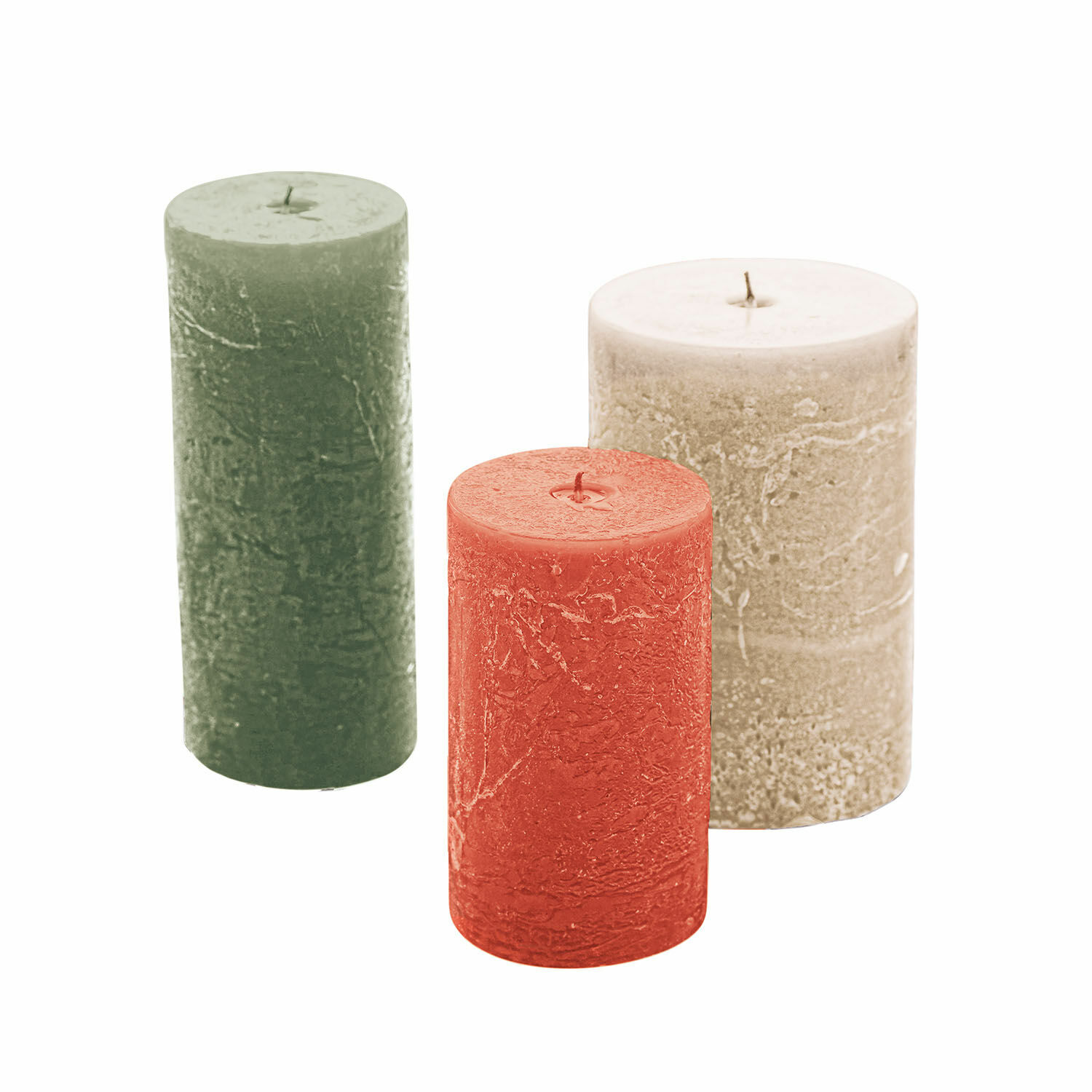 beige/verde/arancione Set di 3 candele Pretin beige, verde e arancione con finitura cerata per decorazione
