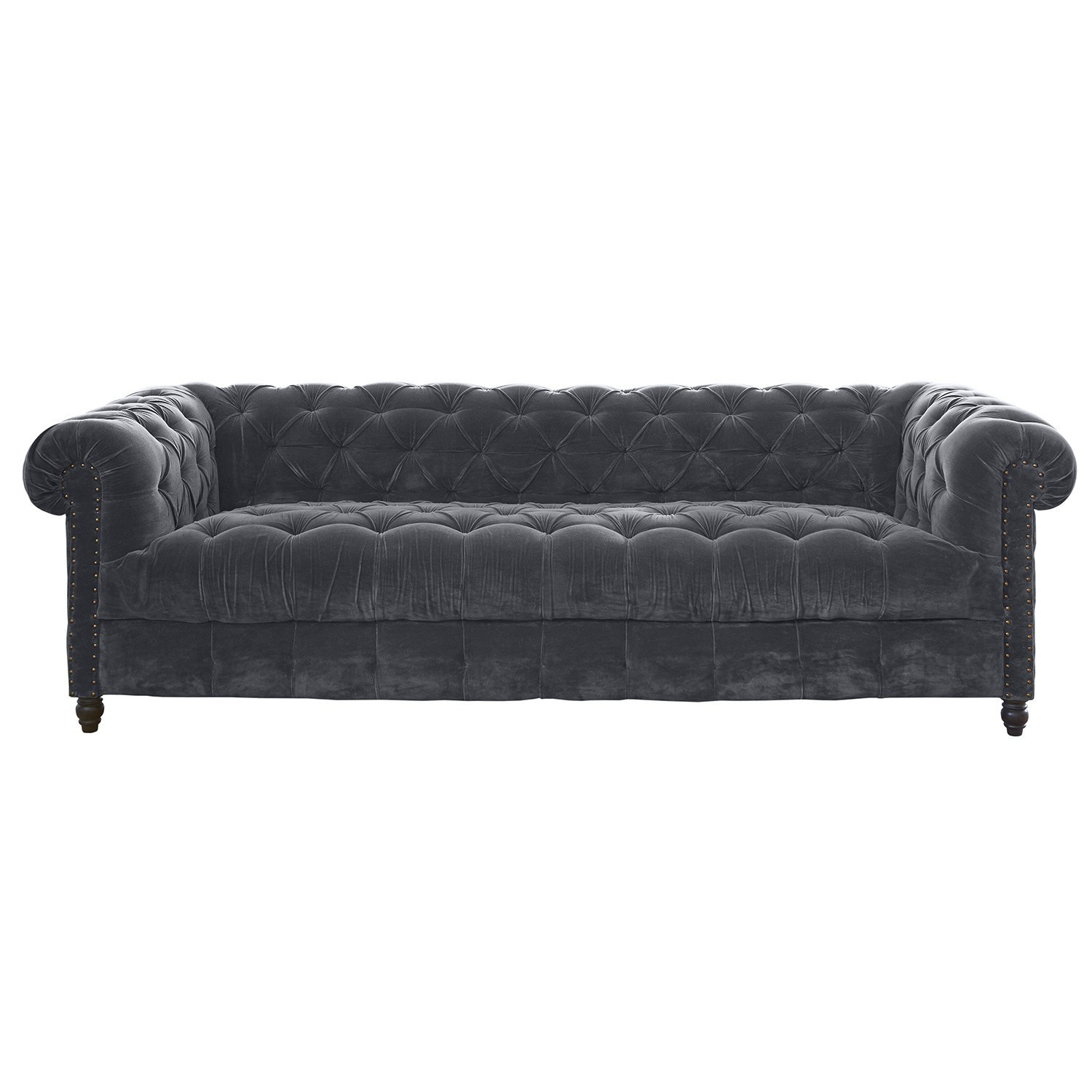 Divano Parpeville Divano Chesterfield grigio in velluto con schienale capitonné e gambe in legno, mobile elegante per soggiorno