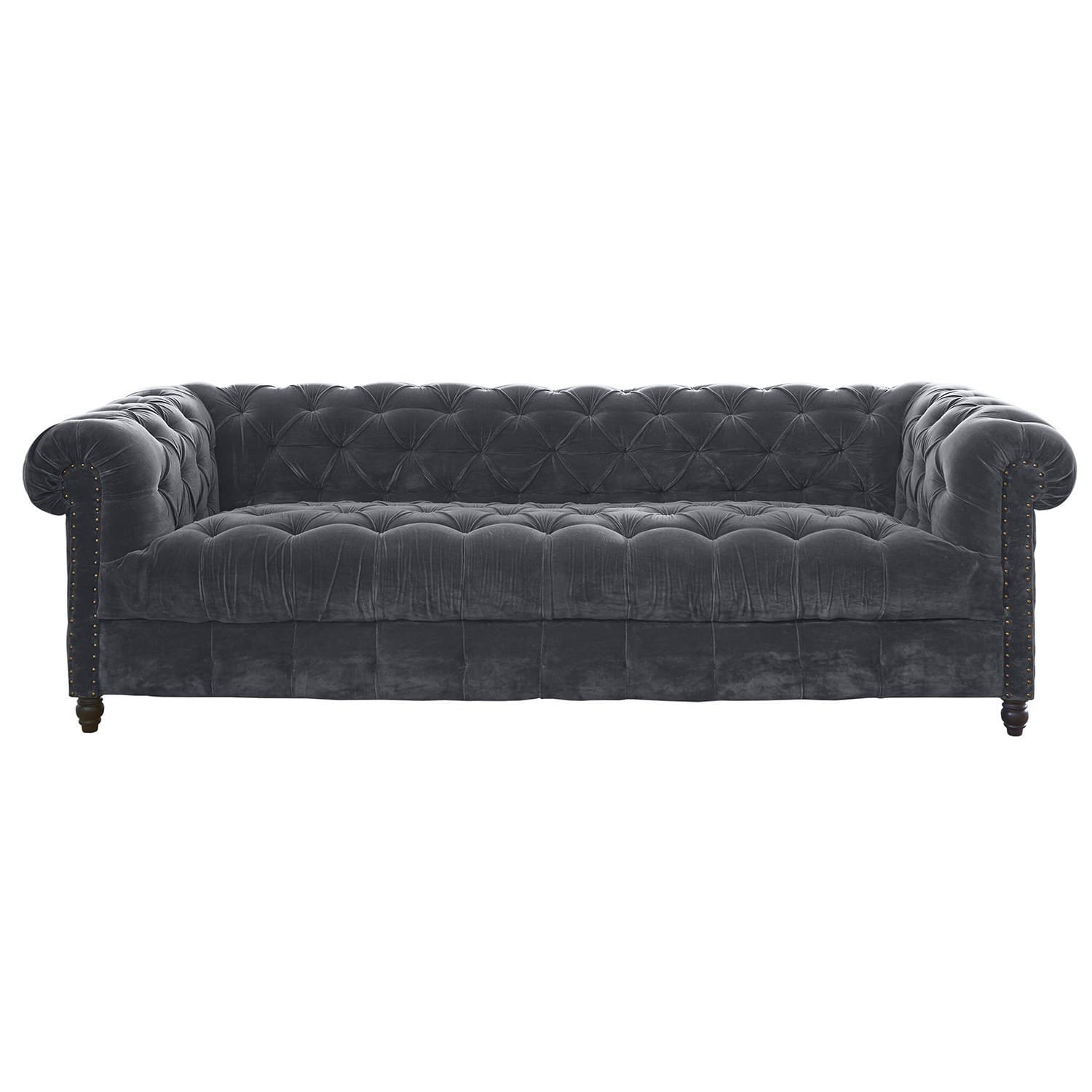 Divano Parpeville Divano Chesterfield grigio in velluto con schienale capitonné e gambe in legno, mobile elegante per soggiorno