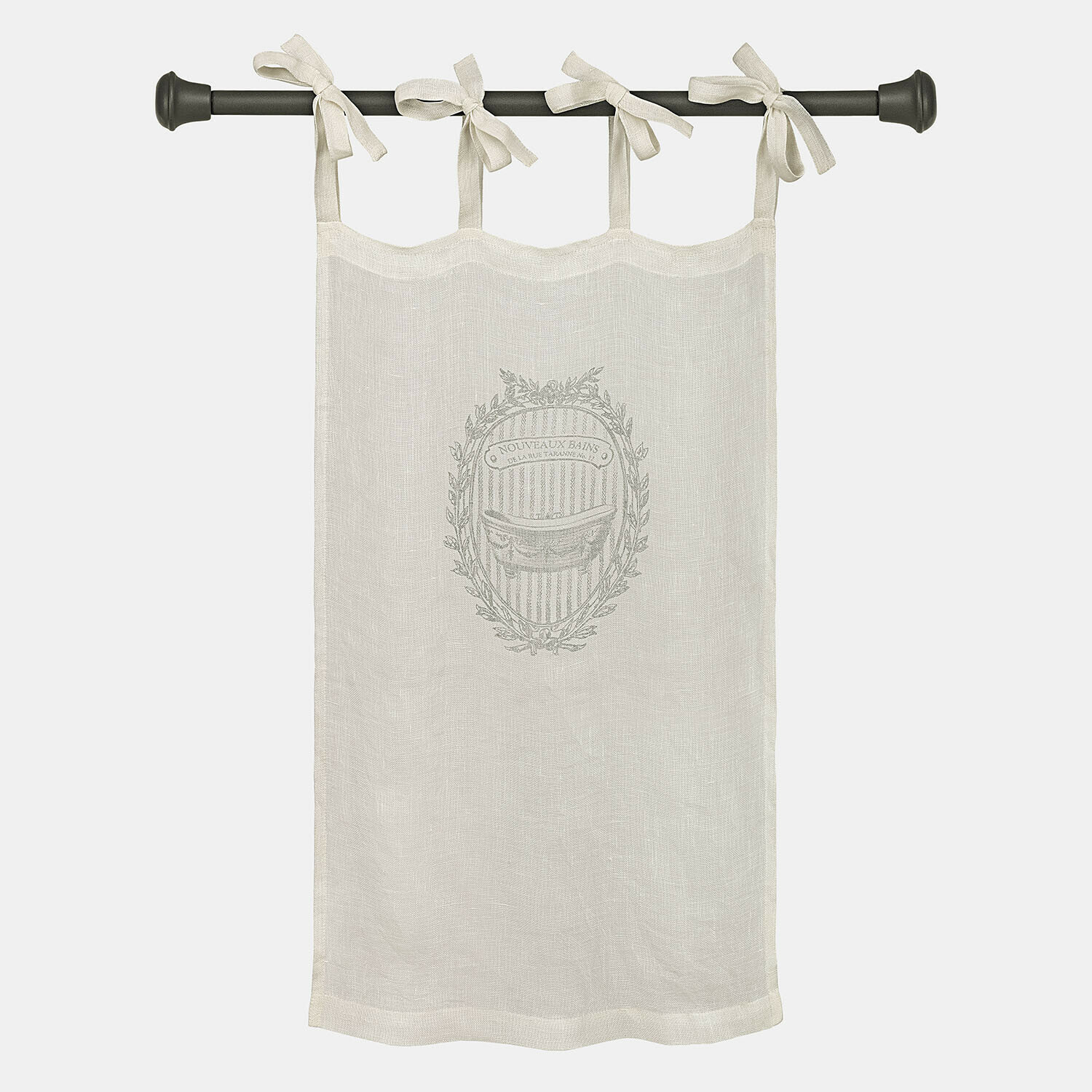 Tenda a vetro Isorelle Tenda in lino beige con stampa vintage e fiocchi su bastone nero per decorazione finestra