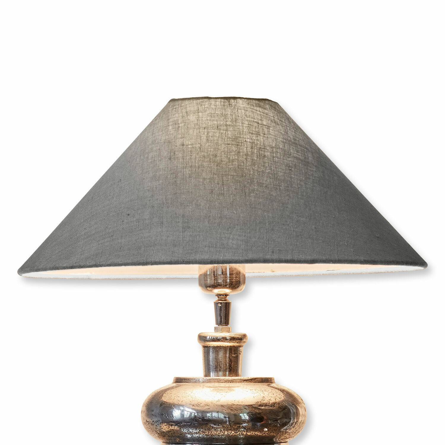 Paralume Emmera Lampada da tavolo con base in metallo color rame e paralume in tessuto grigio, lampada decorativa per soggiorno
