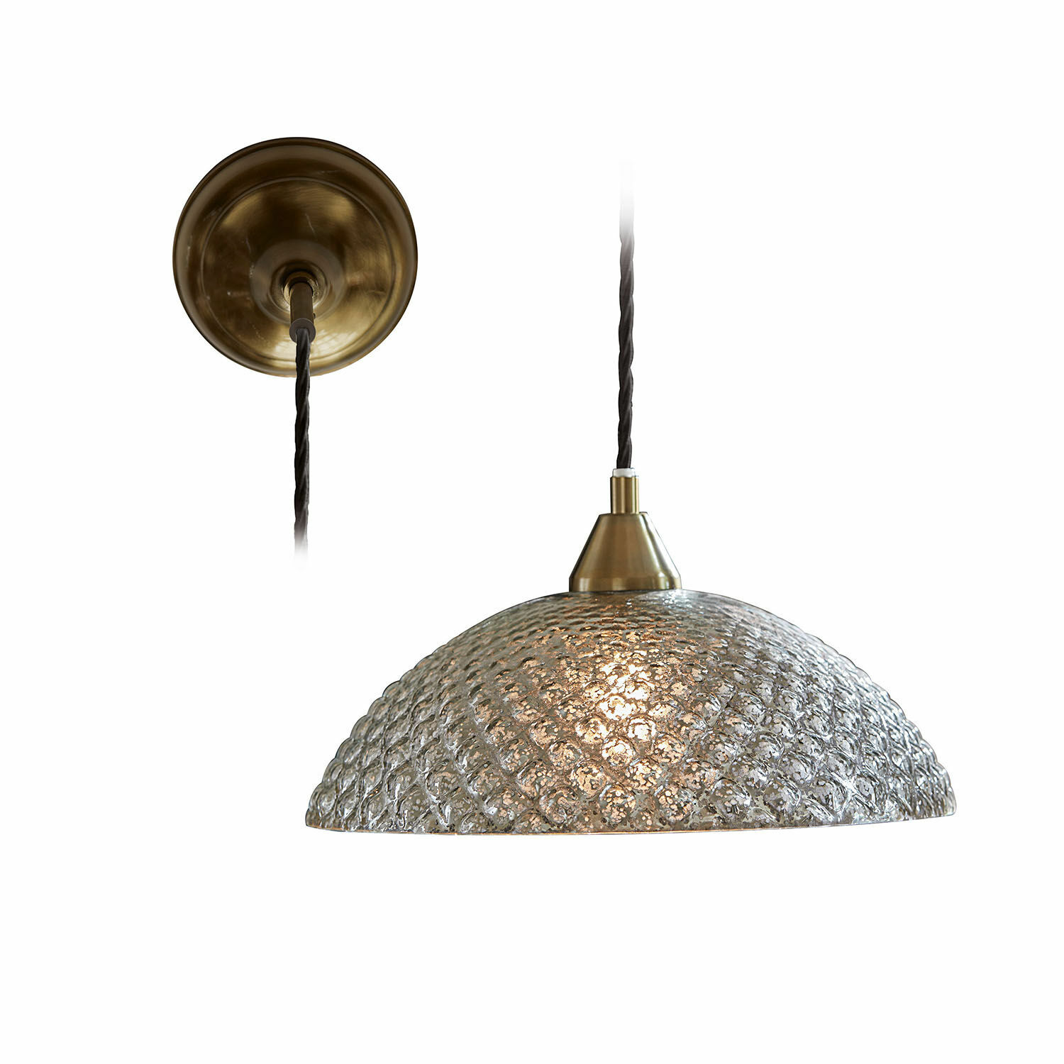 Lampada a sospensione Lawndale Lampada a sospensione in vetro con supporto in ottone e cavo nero, paralume decorativo strutturato