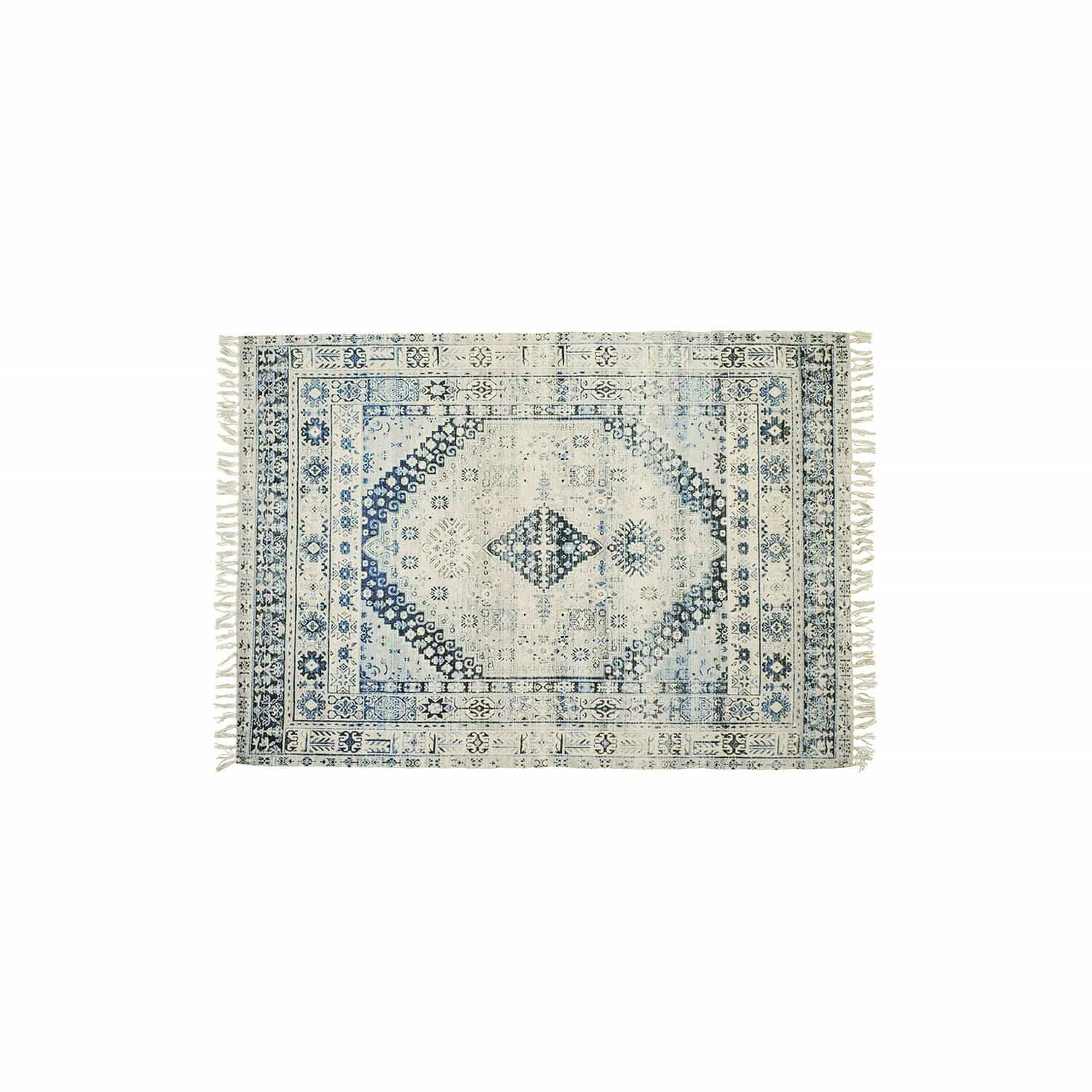 Tappeto in cotone crema con motivi blu e frange, decorazione elegante per interni