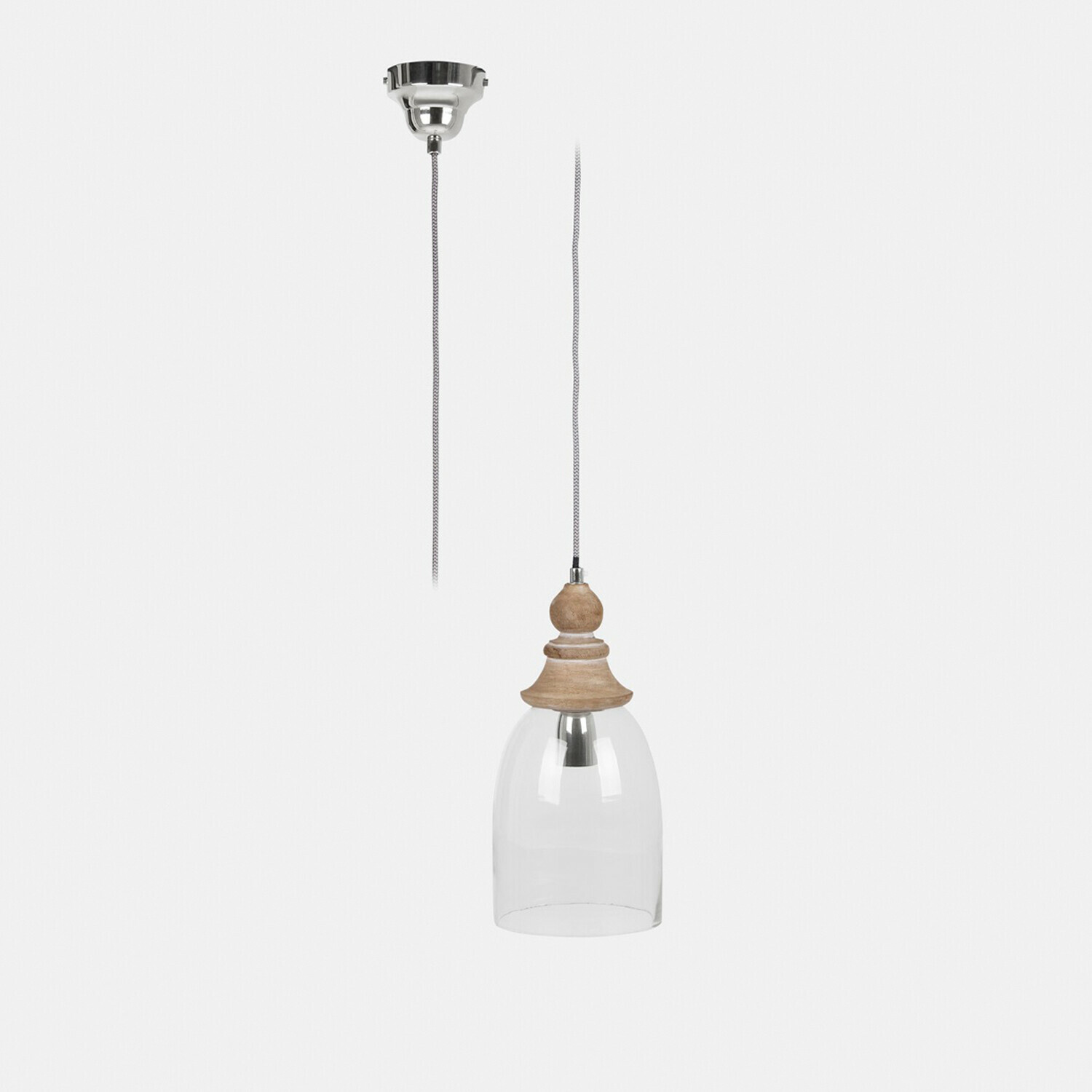 Lampada a sospensione Raina Lampada a sospensione con paralume in vetro trasparente e parte superiore in legno naturale, illuminazione interna