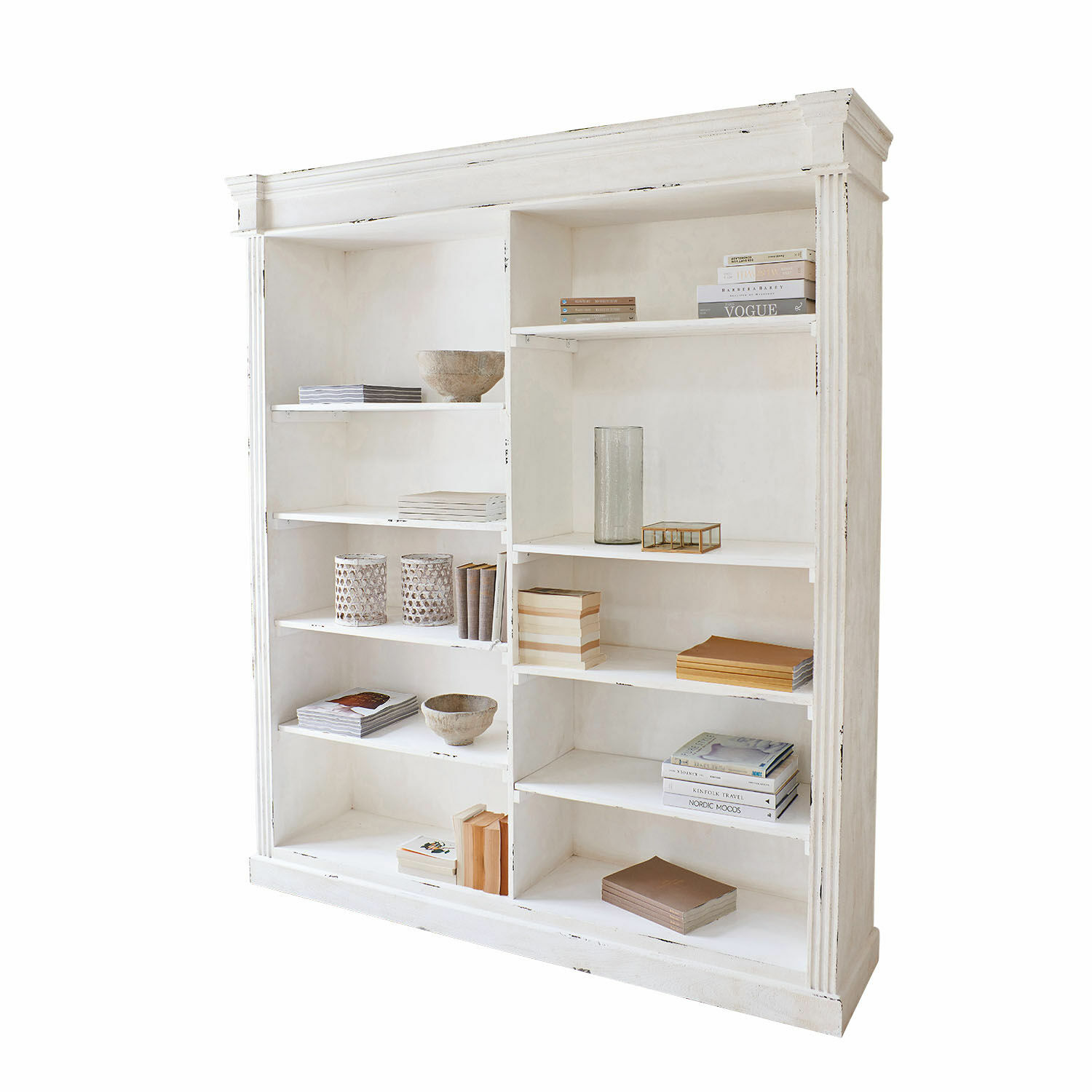 Scaffale Barrow Creek Libreria in legno bianco con ripiani e decorazioni, mobile per conservazione e arredamento