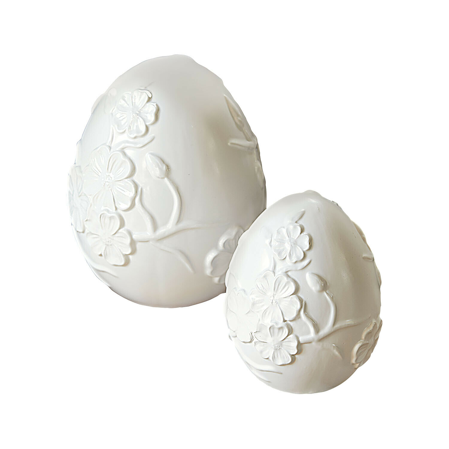 Coppia di uova di Pasqua Vent Élysien Uova decorative in ceramica bianca con rilievo floreale, ornamento pasquale elegante