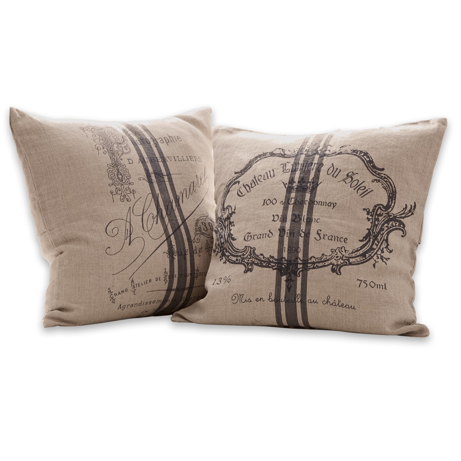 Coppia di fodere Jourdain Cuscini decorativi in lino beige con stampa vintage nera e righe, stile rustico