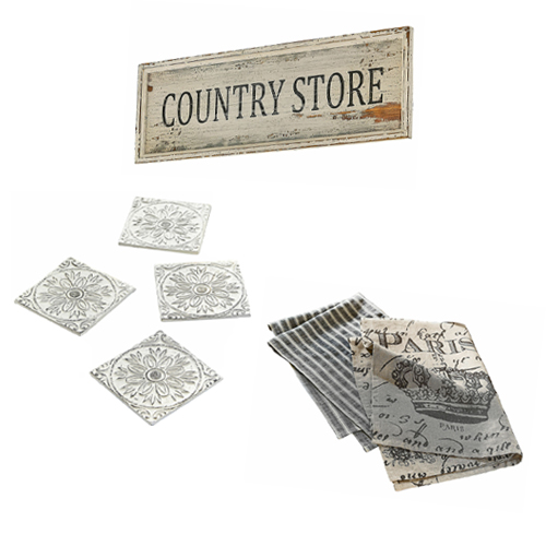 Targa in legno Country Store con sottobicchieri grigi e strofinacci da cucina in lino