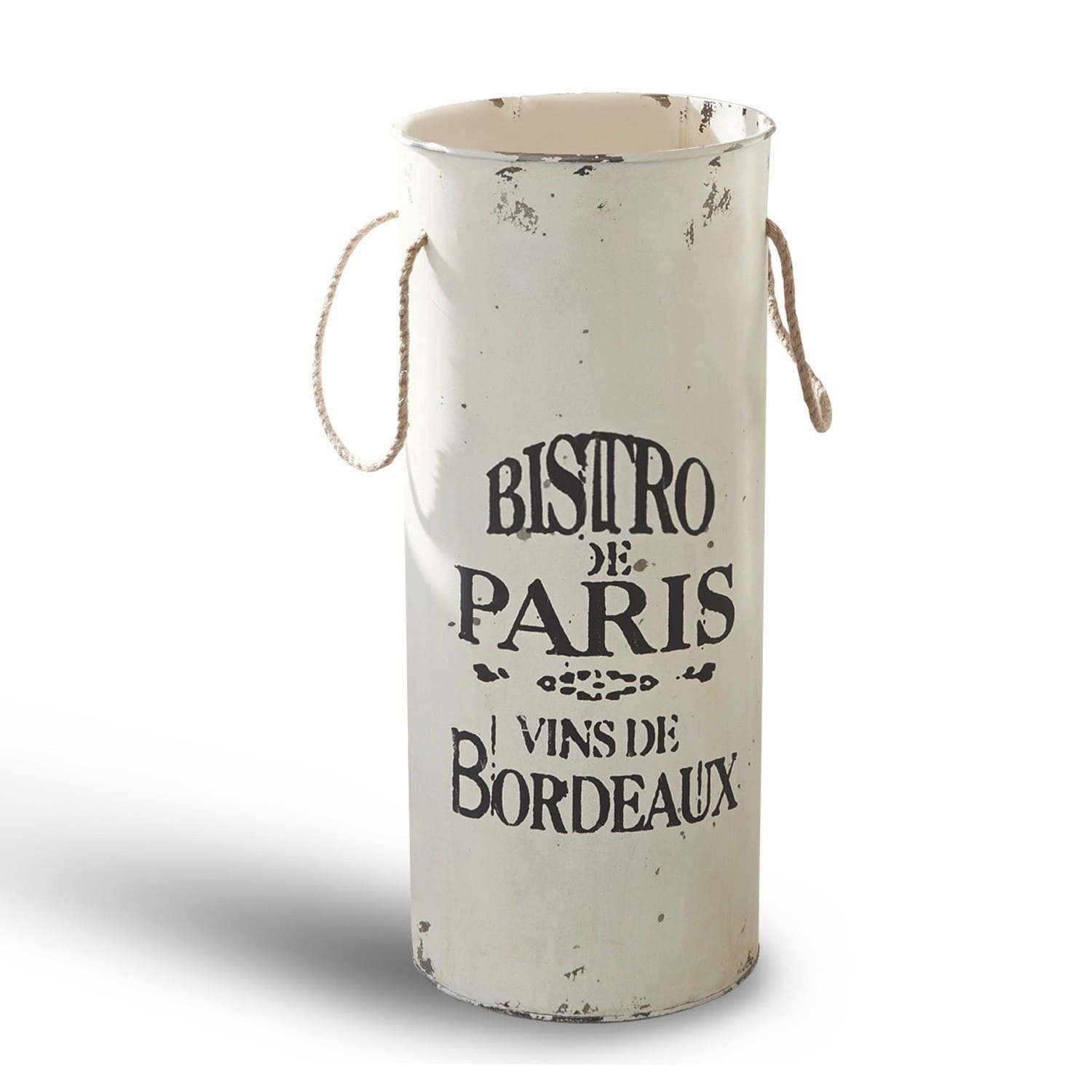 Portaombrelli Bordeaux Contenitore in metallo bianco con scritta Bistro de Paris e manici in corda, stile vintage