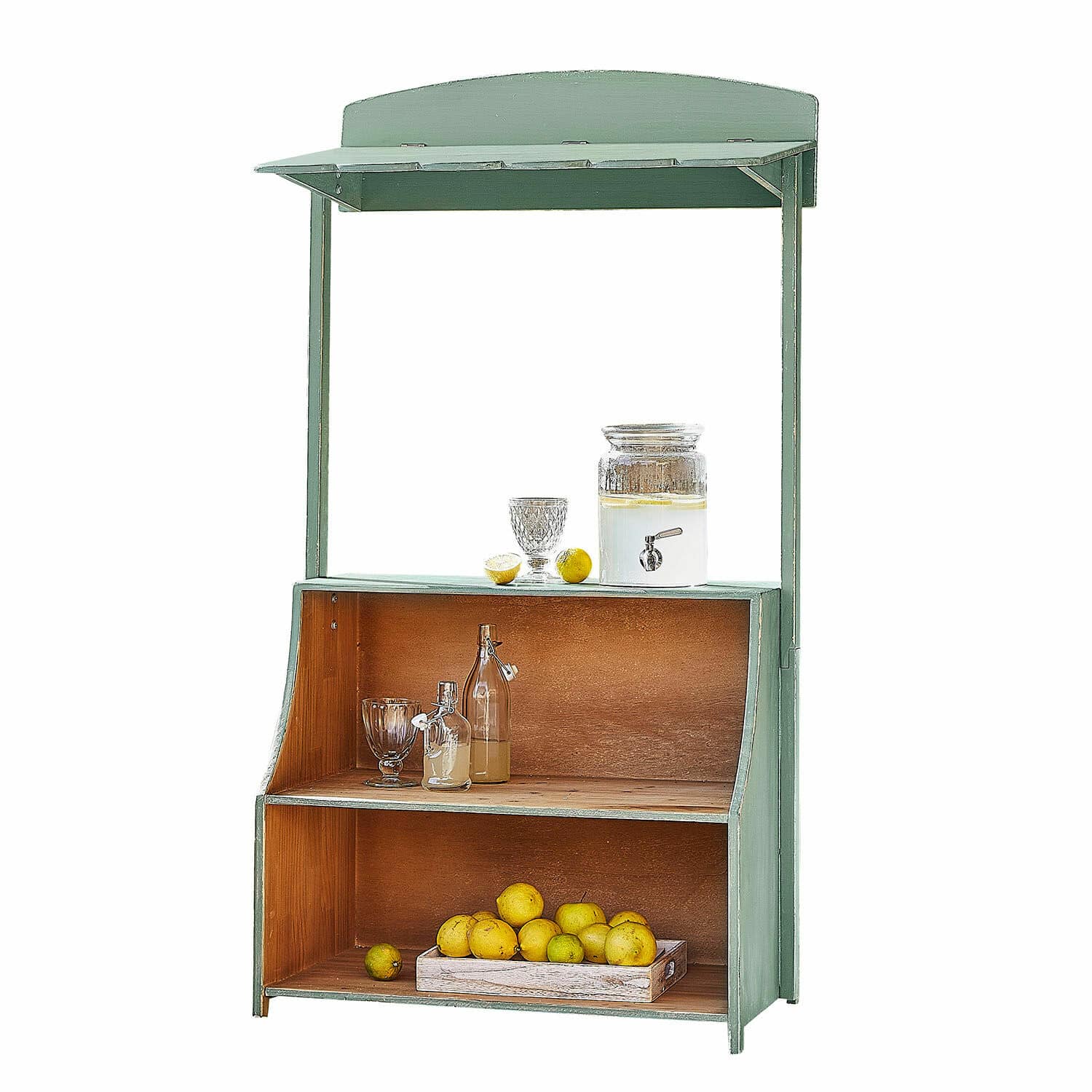Chiosco di limonate Éclairon Mensola in legno verde con tetto e ripiani per frutta e bevande, ideale per cucina o giardino