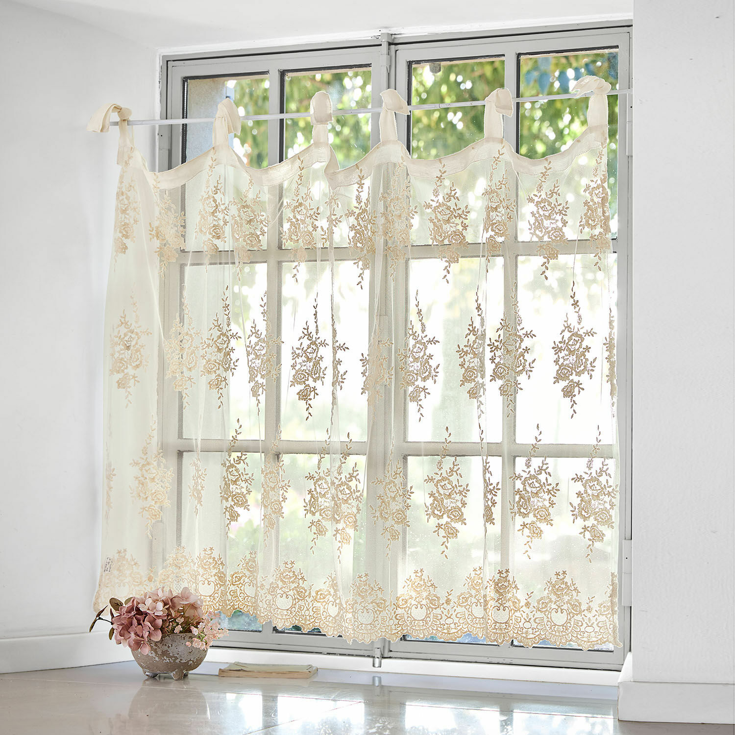 Tendina a vetro Velarion Tenda beige ricamata con motivo floreale in tessuto leggero, decorazione per finestra soggiorno