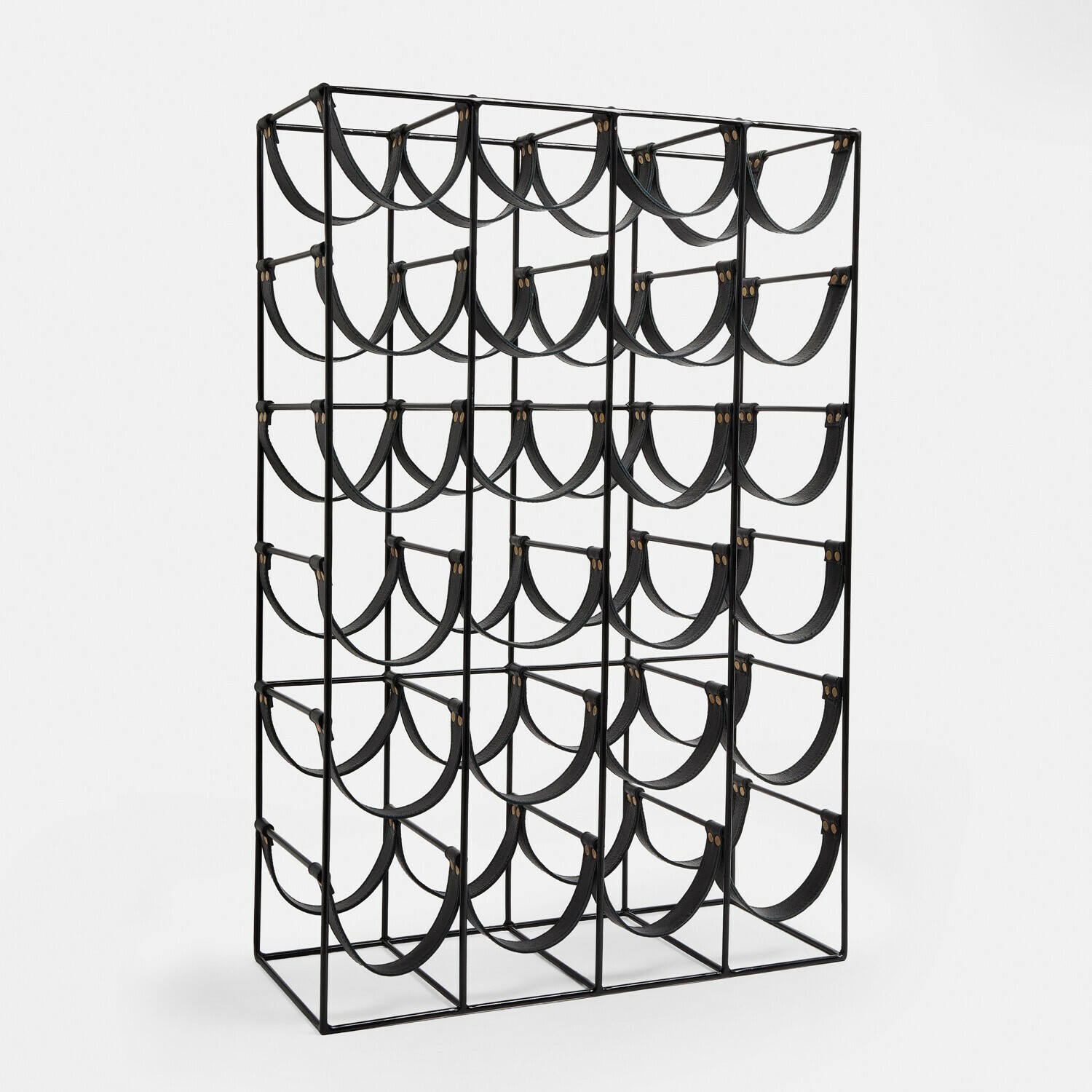 Scaffale per vino Vareesh Portabottiglie in metallo nero con cinghie in pelle nera, design moderno per conservare bottiglie