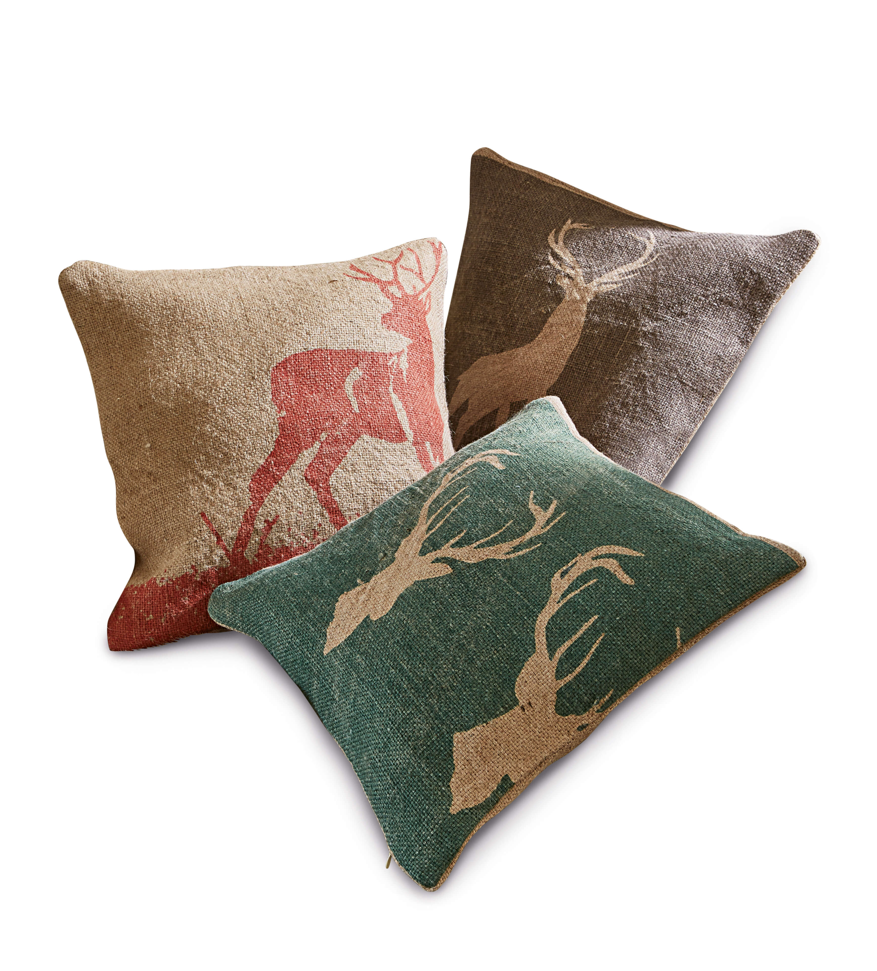 Set di tre cuscini decorativi in juta con motivo cervo in colori naturali per il soggiorno