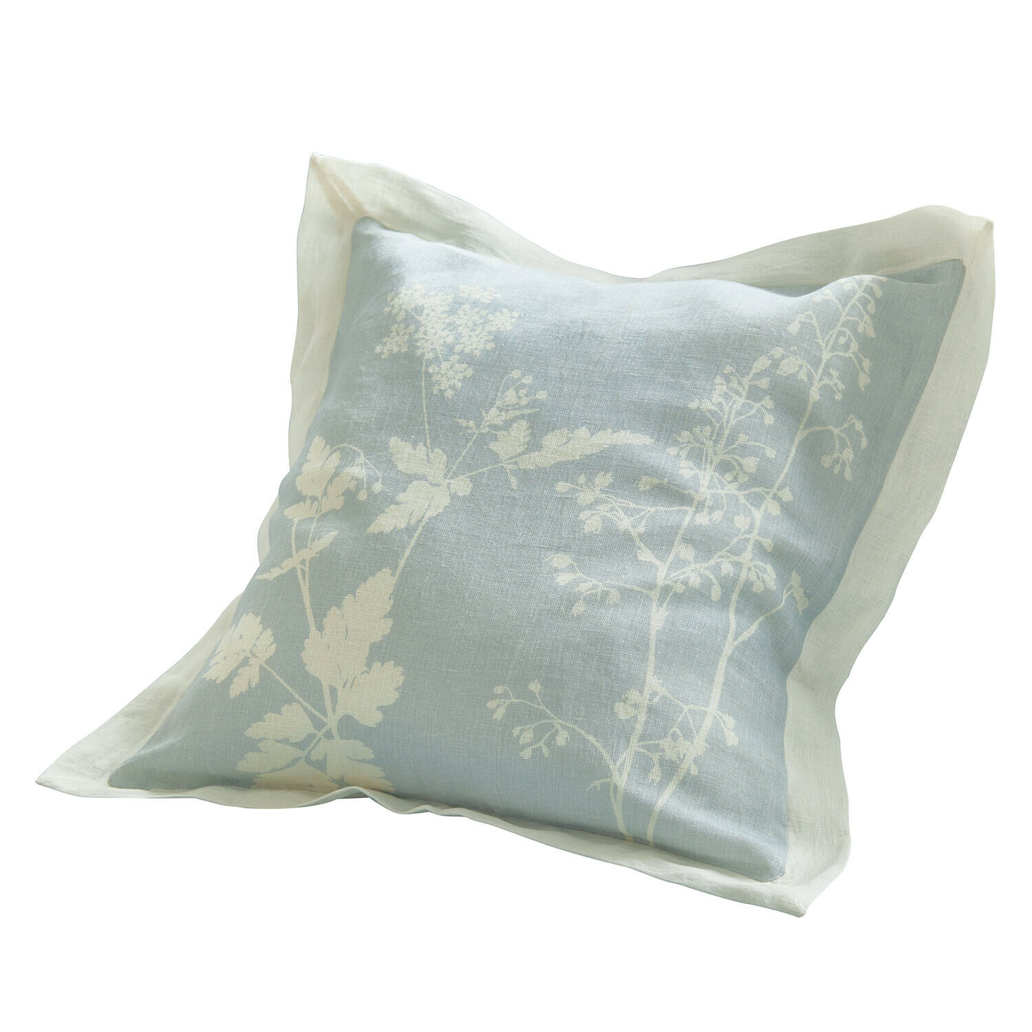 Copricuscino Hazelwick Cuscino in lino azzurro chiaro con motivo floreale bianco e bordo crema per decorazioni d'interni