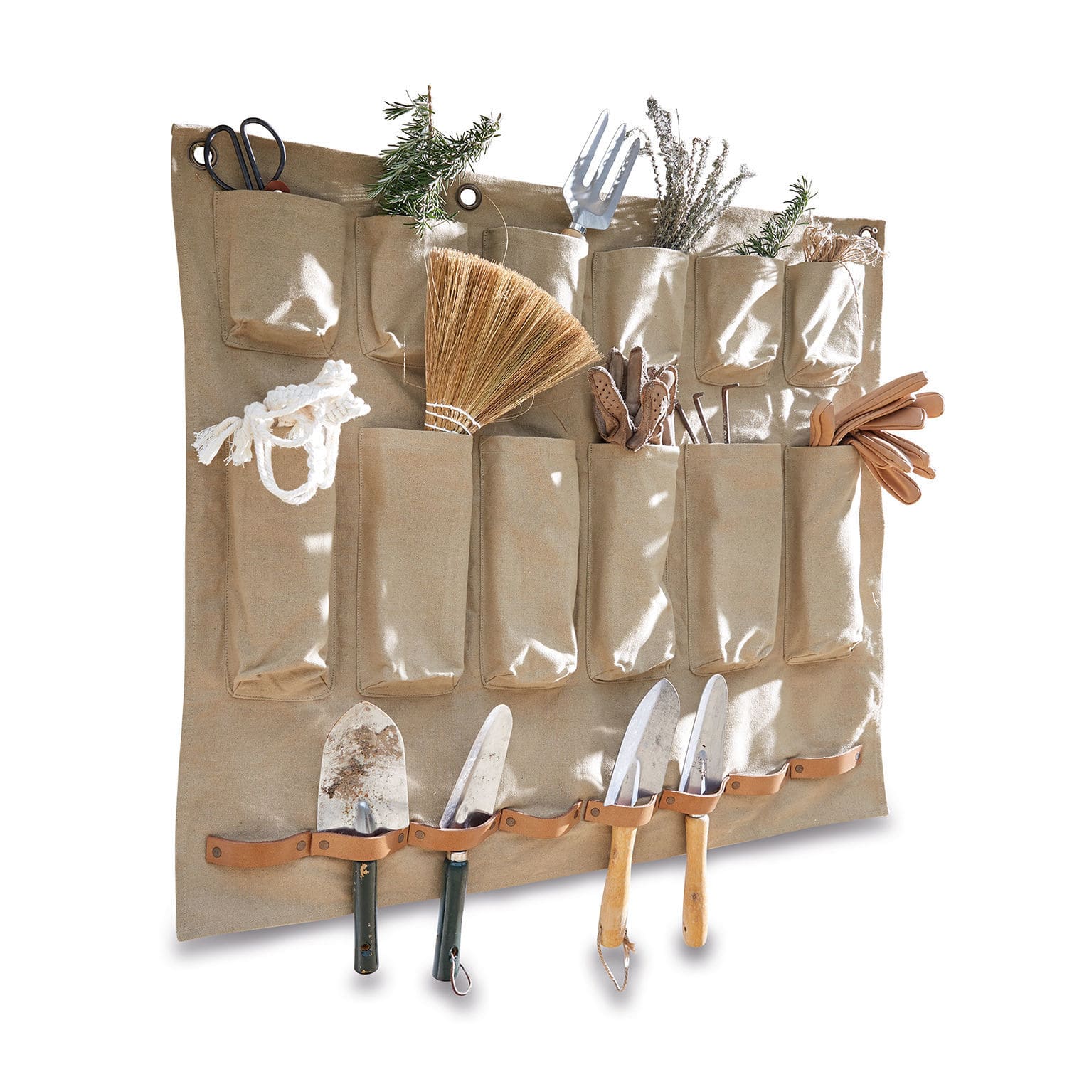 Portaoggetti Garda Organizer da parete beige in tessuto con tasche e supporti in pelle per attrezzi da giardino