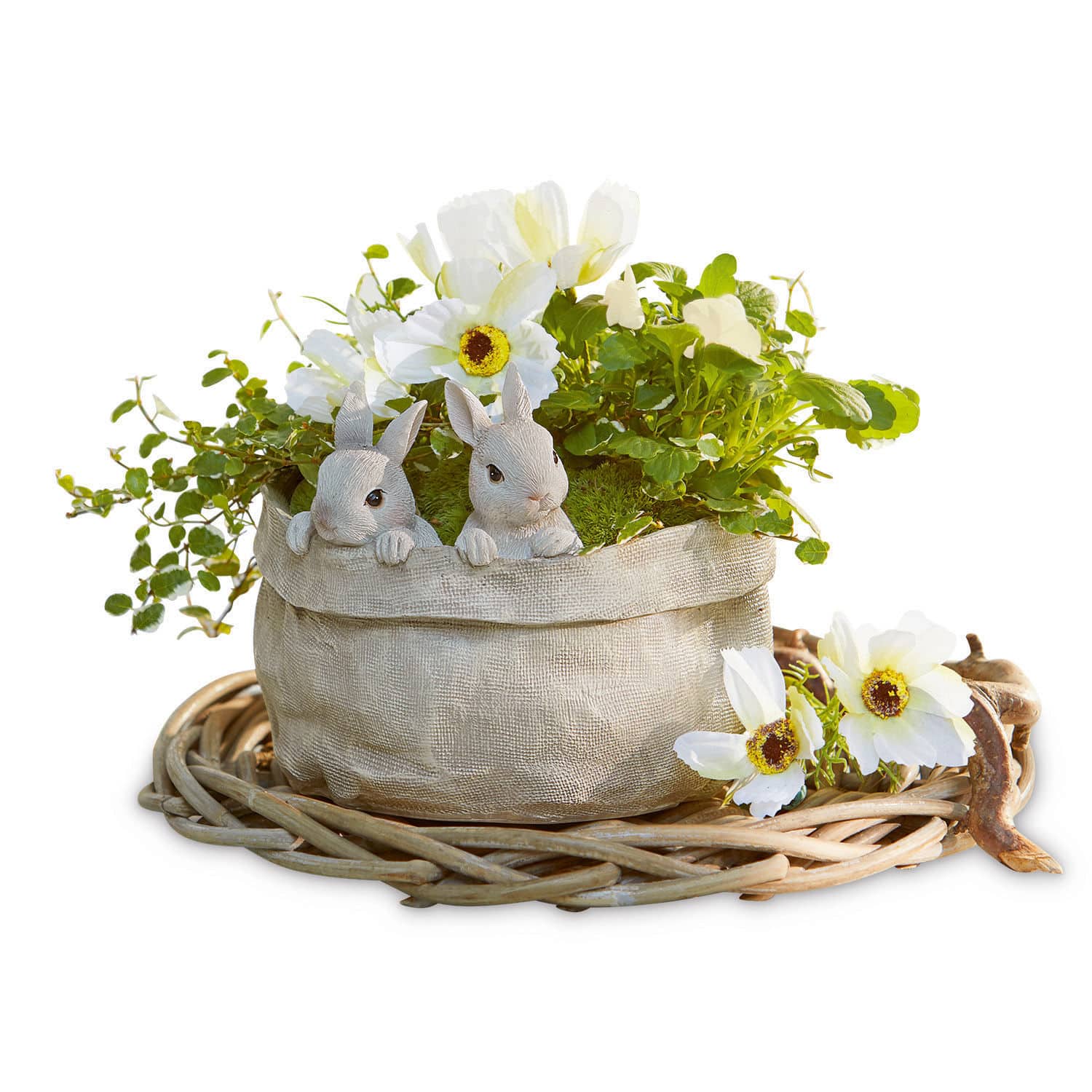 Portavasi Mouriel Vaso decorativo in tessuto con fiori bianchi e figure di conigli su base in vimini