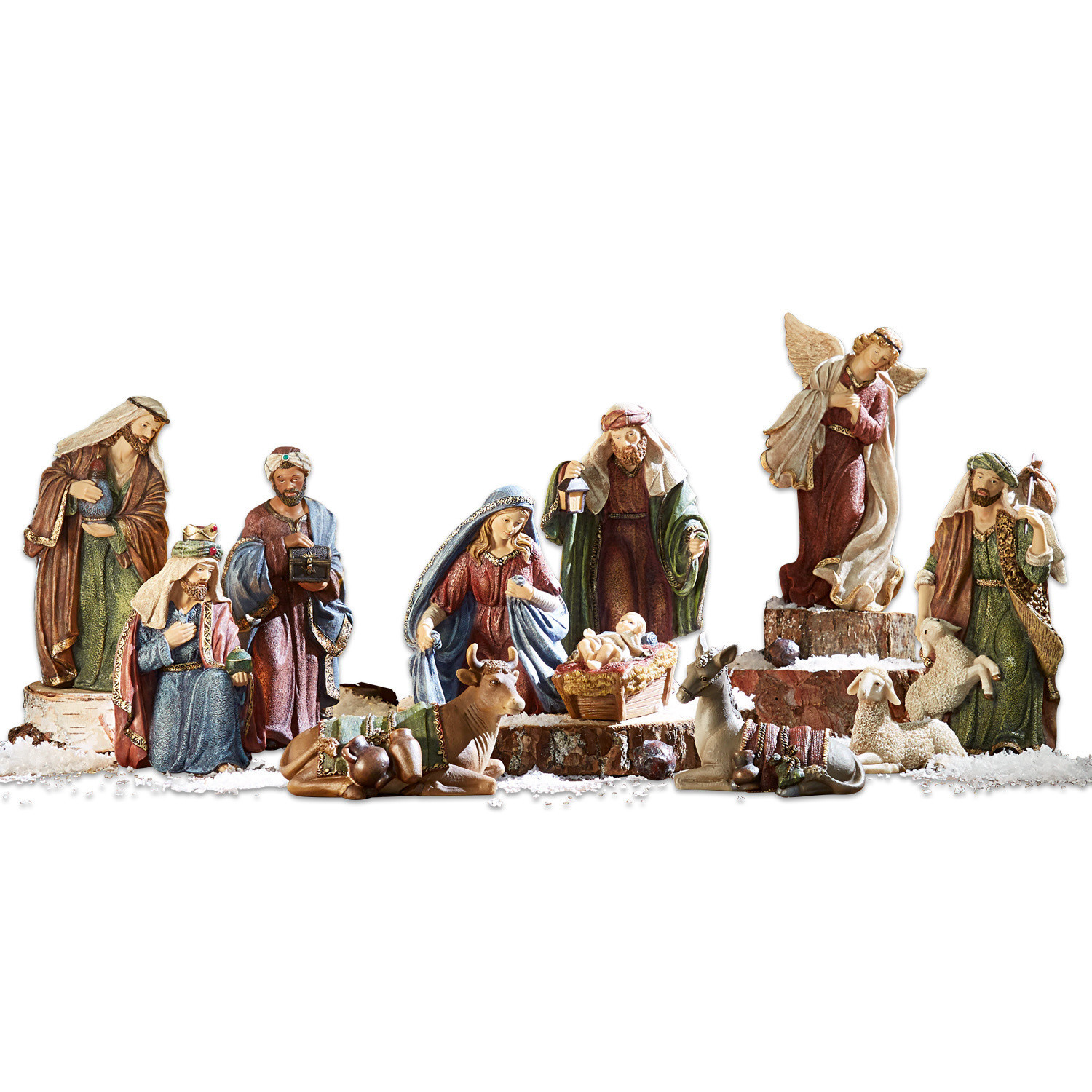 Set di 11 statuine per il presepe Christi Set di figure del presepe in legno dai colori naturali con personaggi e animali sulla neve