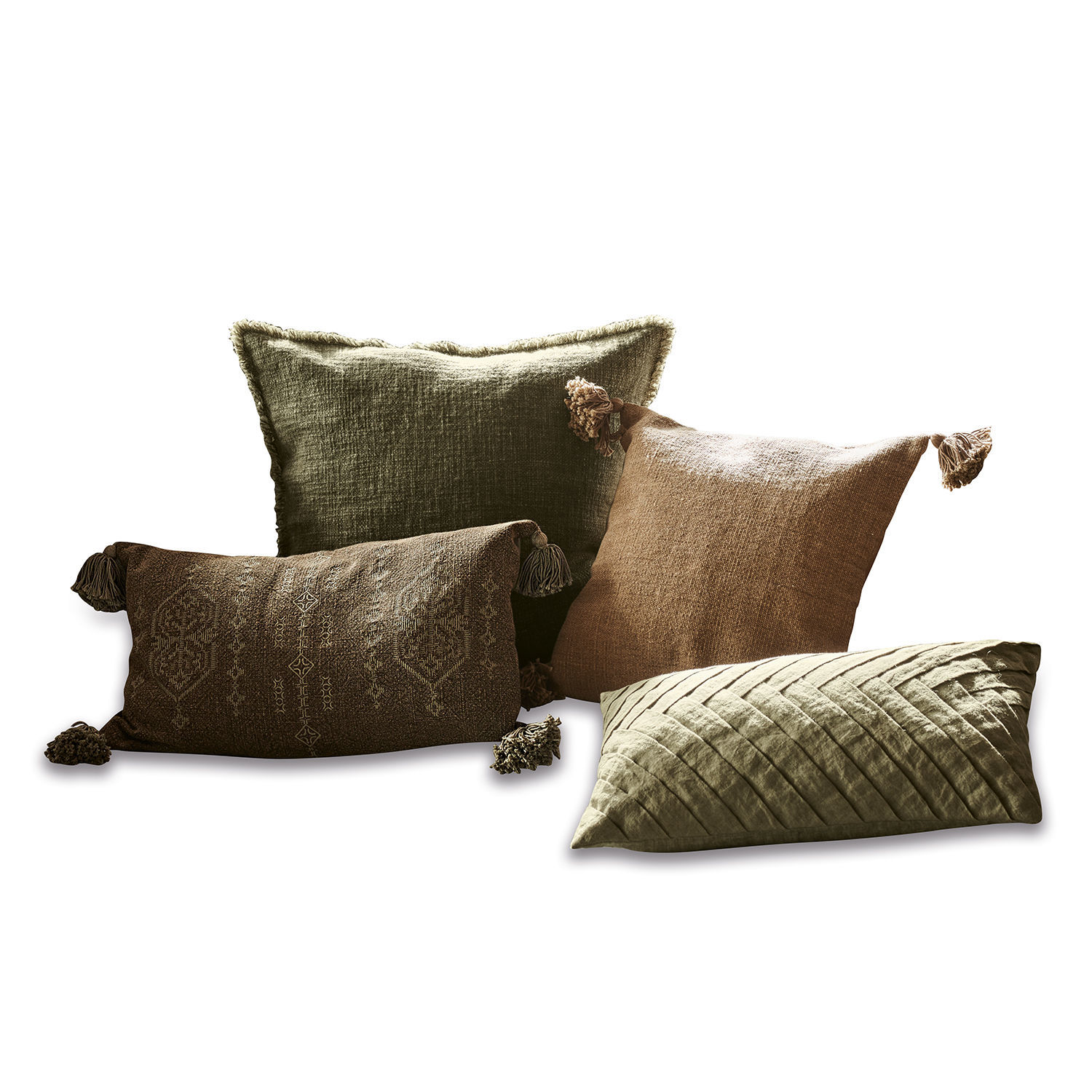 Set di 4 copricuscini Donagh Set di quattro cuscini decorativi in tonalità verdi e marroni con nappine e motivi, tessuto decorativo
