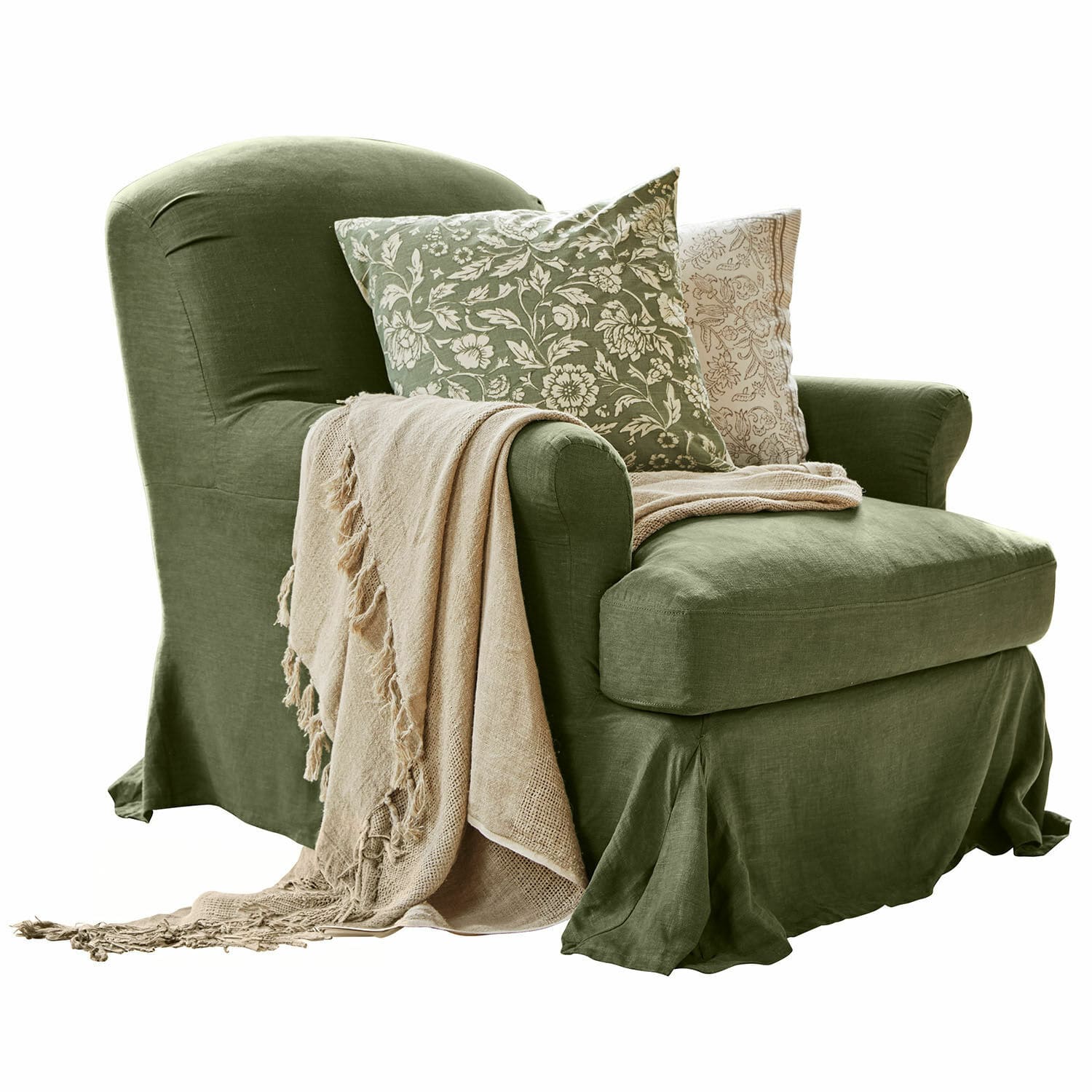 Poltrona Vionnique Poltrona verde in lino con copertura, due cuscini decorativi e coperta beige con frange