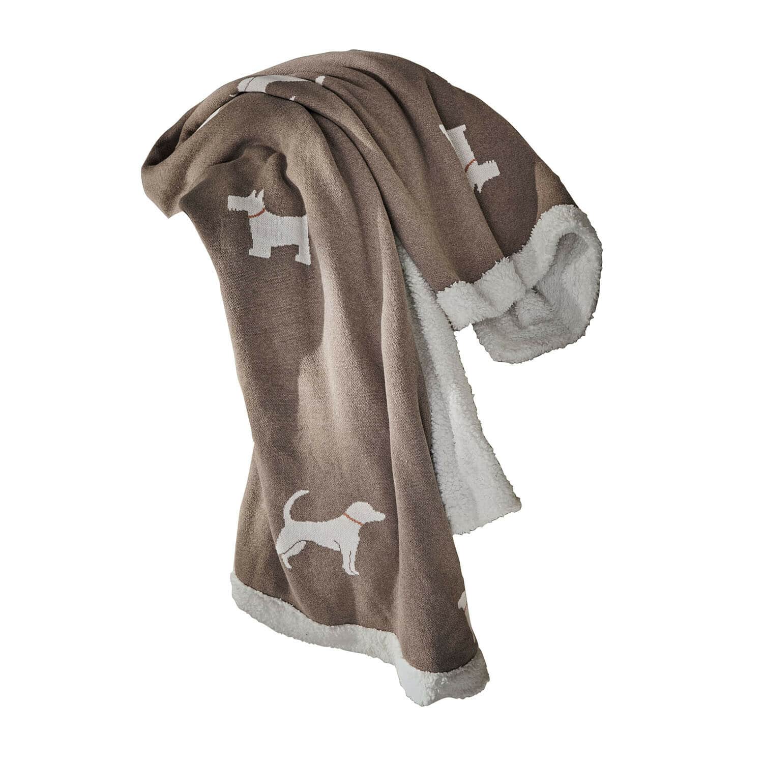 Tappetino per animali domestici Olyden Coperta marrone con interno in pelliccia bianca e motivi di cani bianchi, tessuto morbido e accogliente