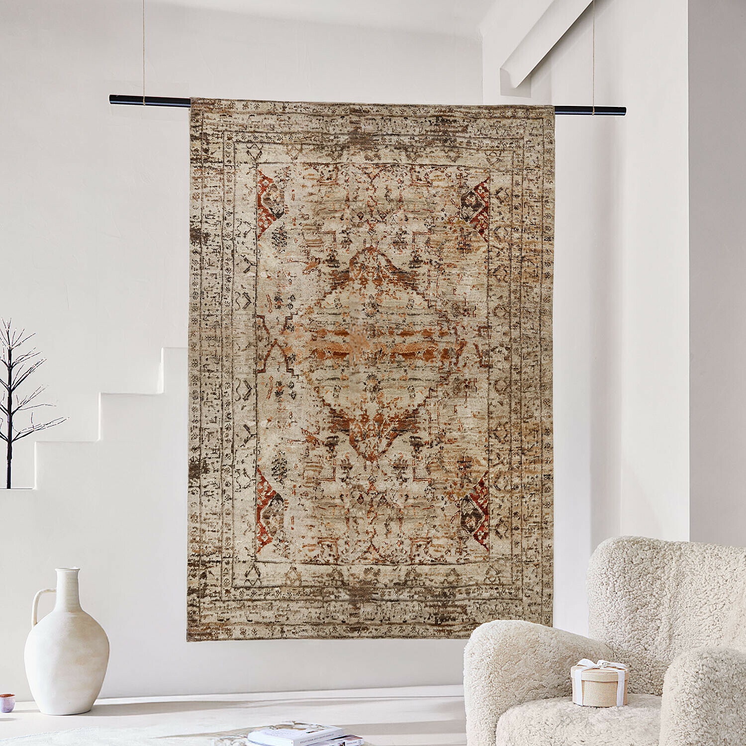 Tappeto Selmira Tappeto decorativo beige e marrone con motivo orientale, ideale per il soggiorno
