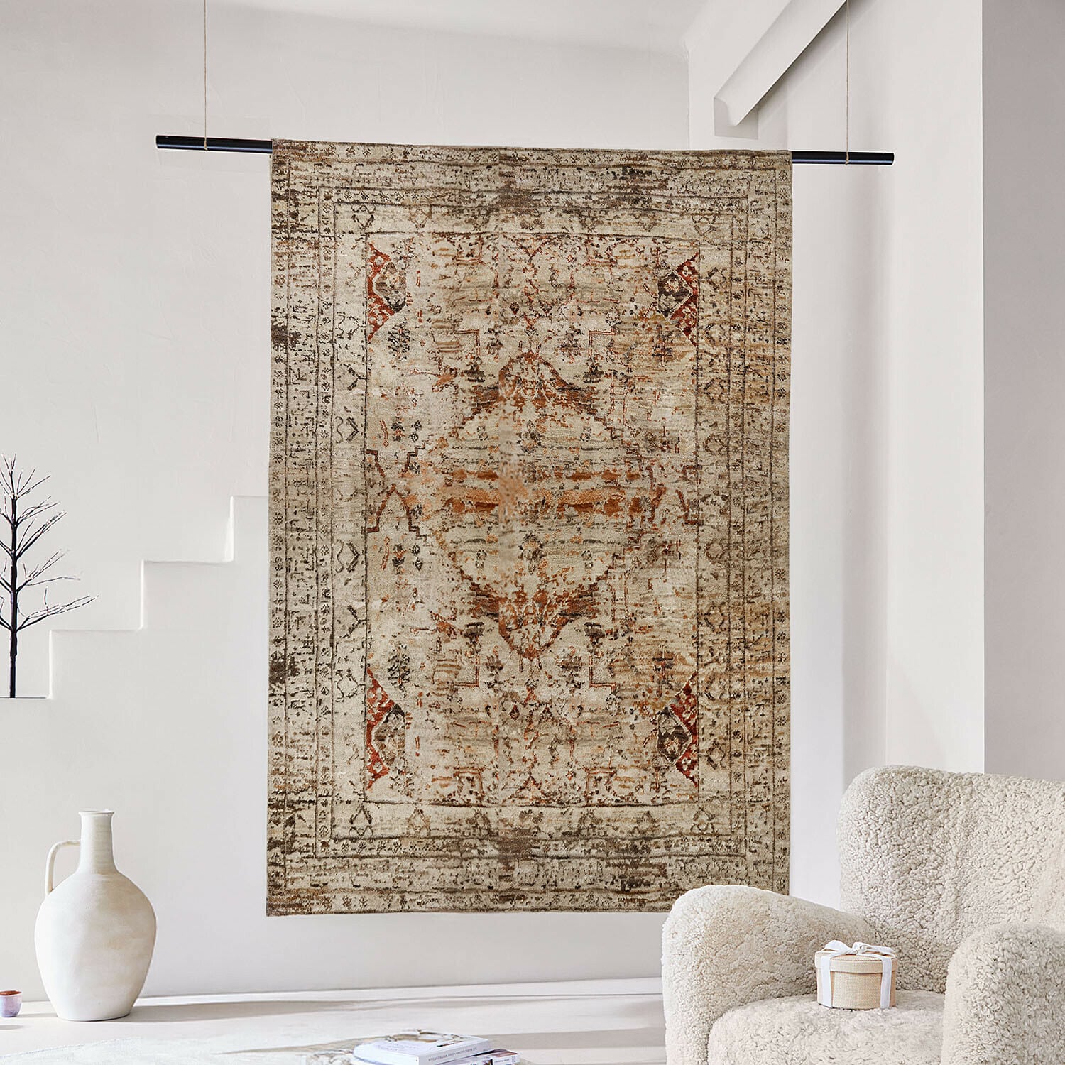 Tappeto Selmira Tappeto decorativo beige e marrone con motivo orientale, ideale per il soggiorno