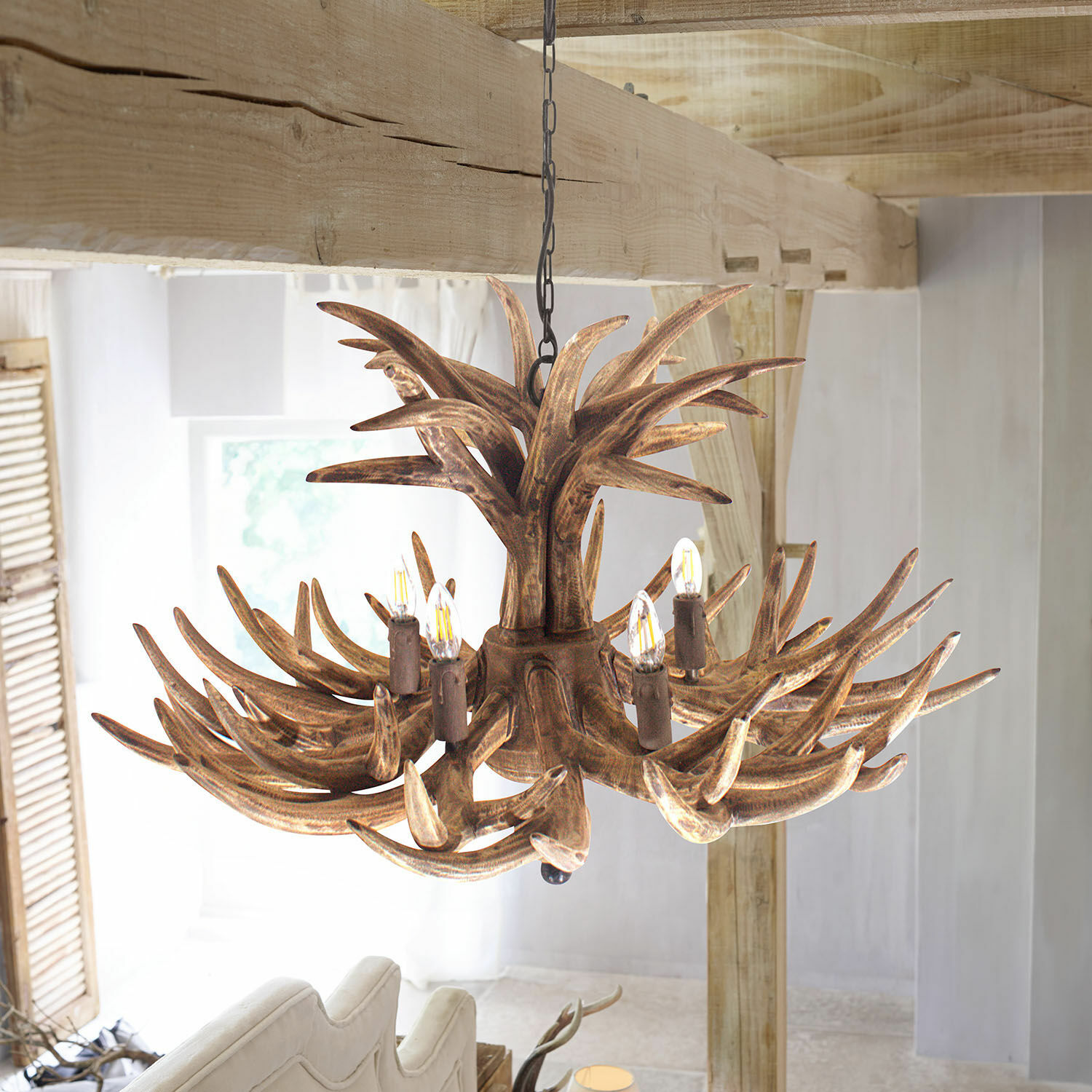 Lampadario Ardin Lampadario rustico in legno a forma di corna, marrone, elemento decorativo per illuminazione soggiorno