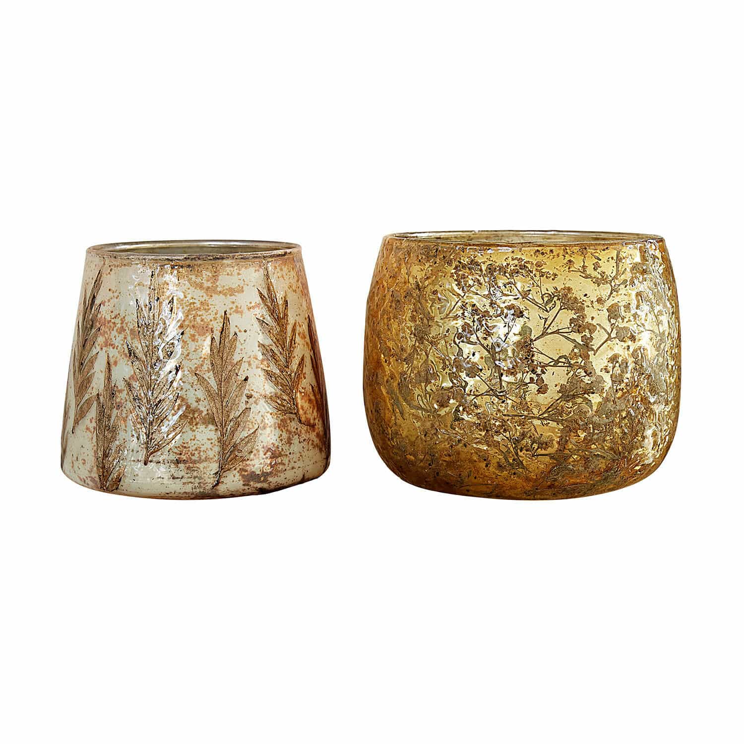 Coppia di portalumini Hivalen Set di due portacandele in vetro con motivi vegetali in oro e beige, decorazione per interni elegante
