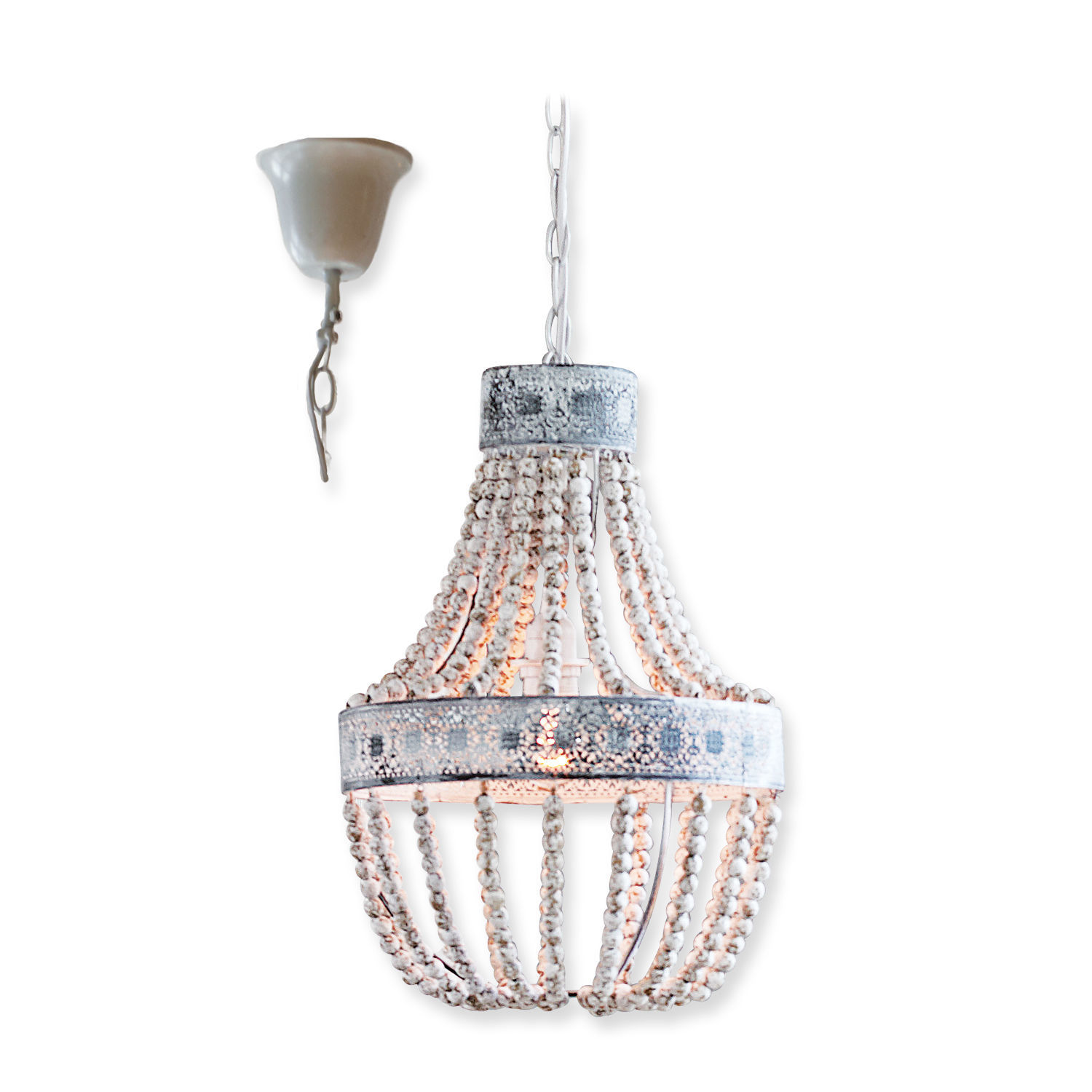 Lampada a sospensione Valcourt Lampadario sospeso con perline di legno bianche e dettagli in metallo stile vintage per interni