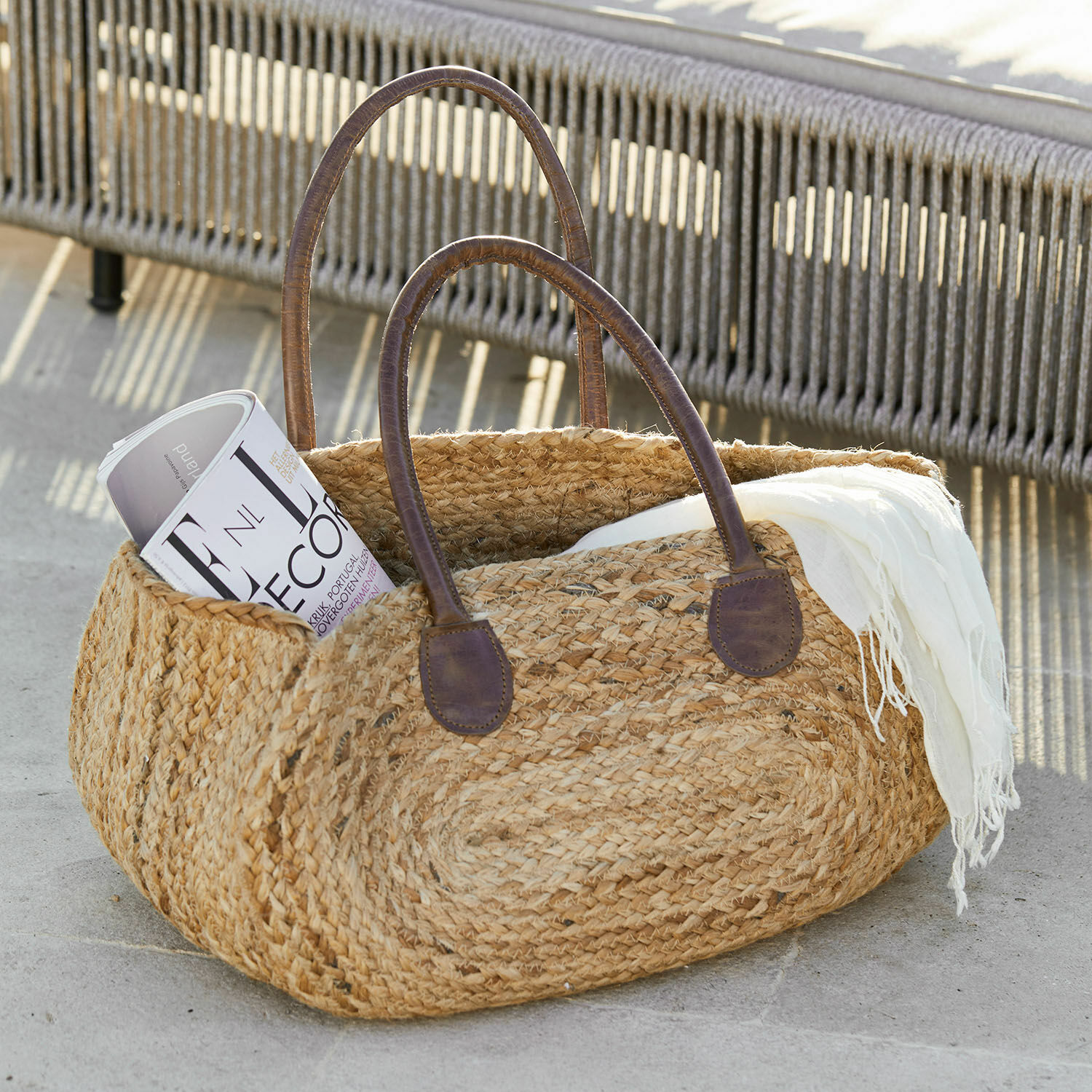Borsa Gravesend Borsa intrecciata in juta con manici in pelle marrone, colore naturale, borsa elegante per la spesa