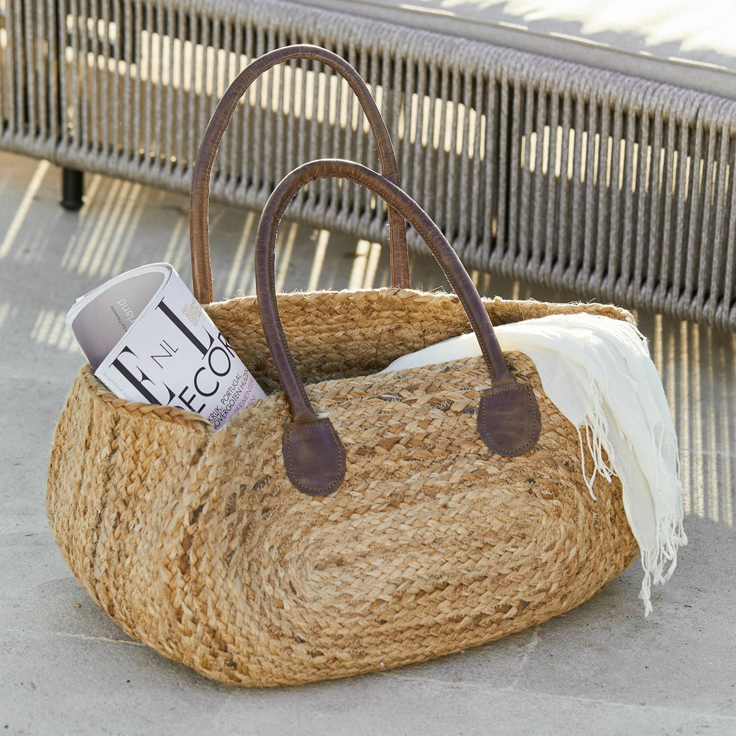 Borsa Gravesend Borsa intrecciata in juta con manici in pelle marrone, colore naturale, borsa elegante per la spesa