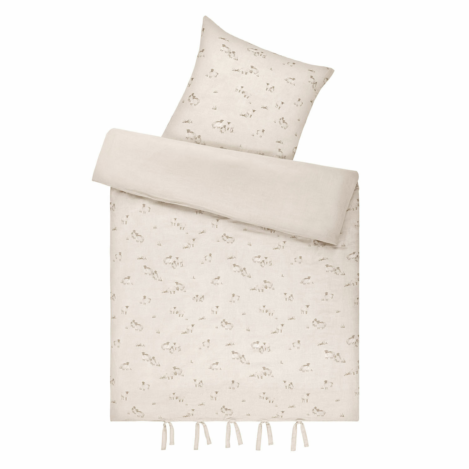 Biancheria da letto Erianna Biancheria da letto in lino color beige chiaro con delicato motivo pecore e lacci sul fondo, tessuto naturale