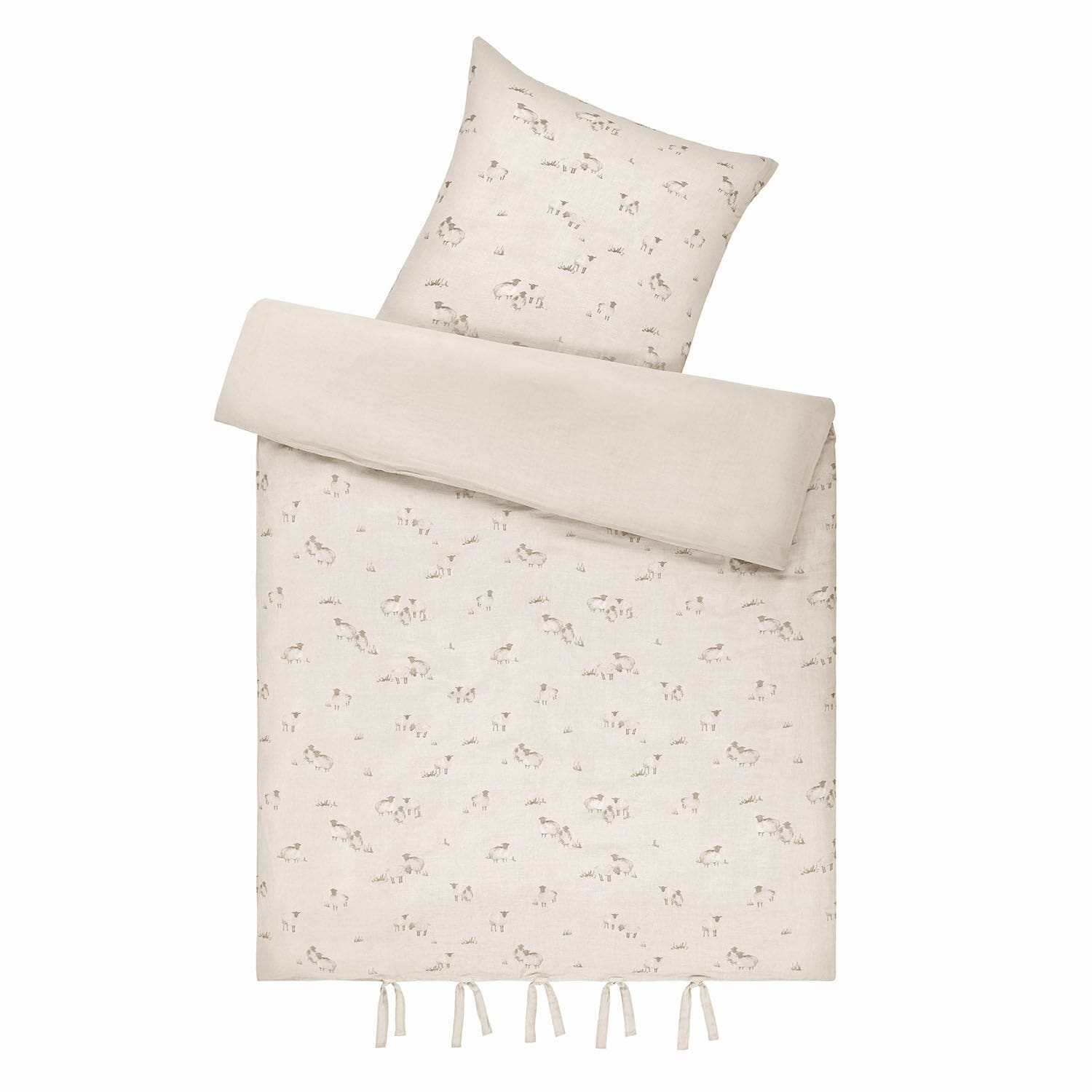 Biancheria da letto Erianna Biancheria da letto in lino color beige chiaro con delicato motivo pecore e lacci sul fondo, tessuto naturale