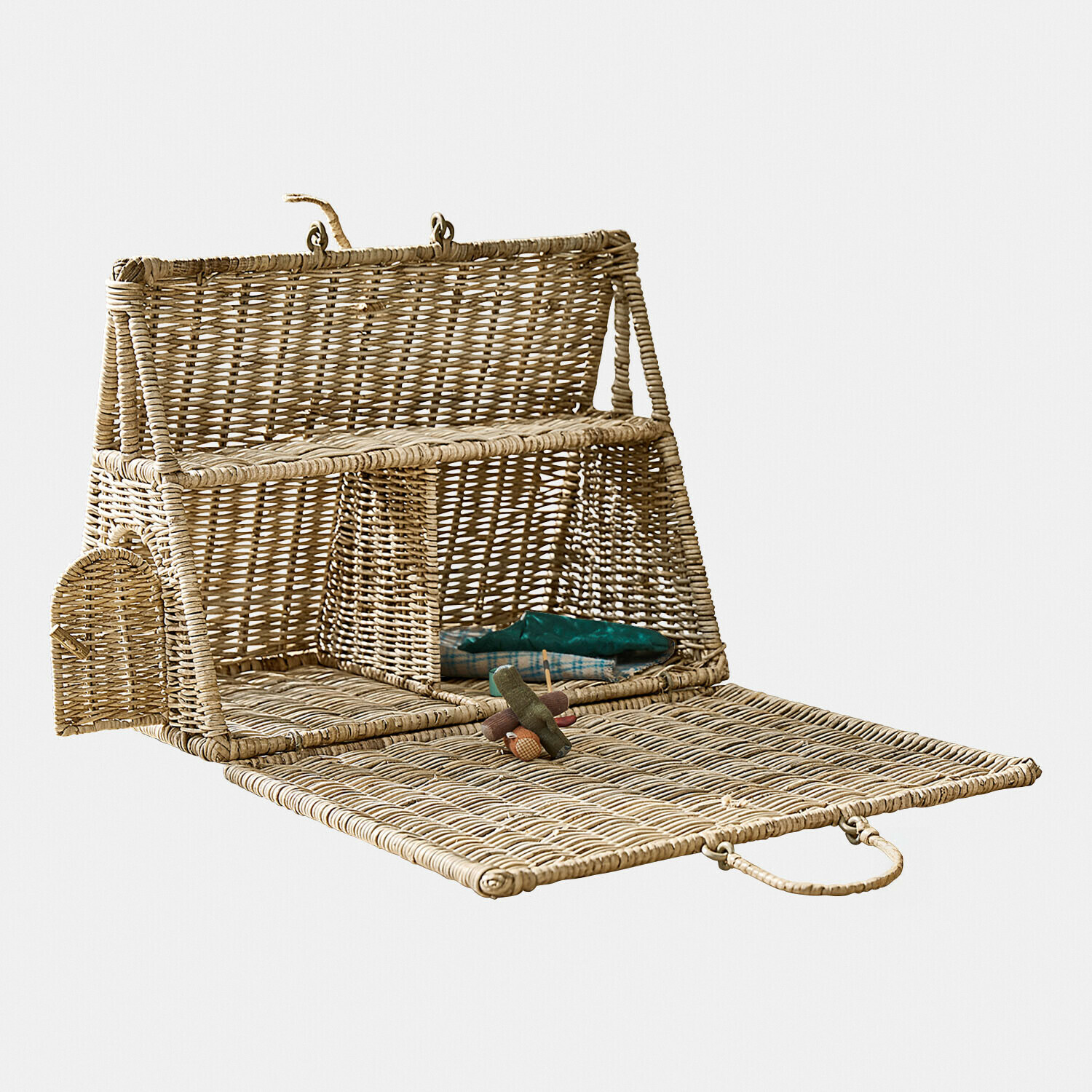 Casetta per uccelli in vimini naturale con frontale apribile e maniglia per appendere