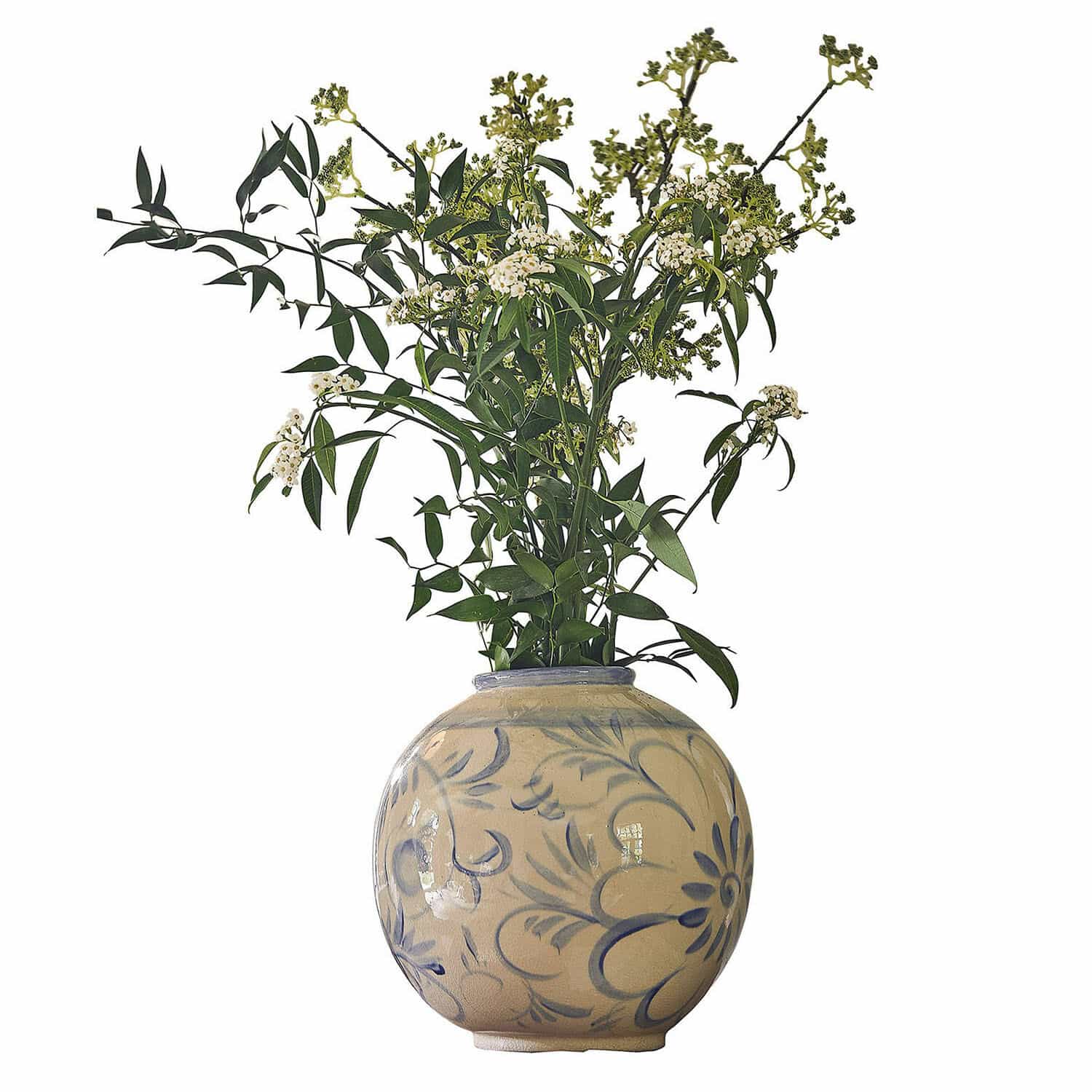 Vaso Oviren Vaso rotondo in ceramica beige con motivo floreale blu e rami verdi decorativi