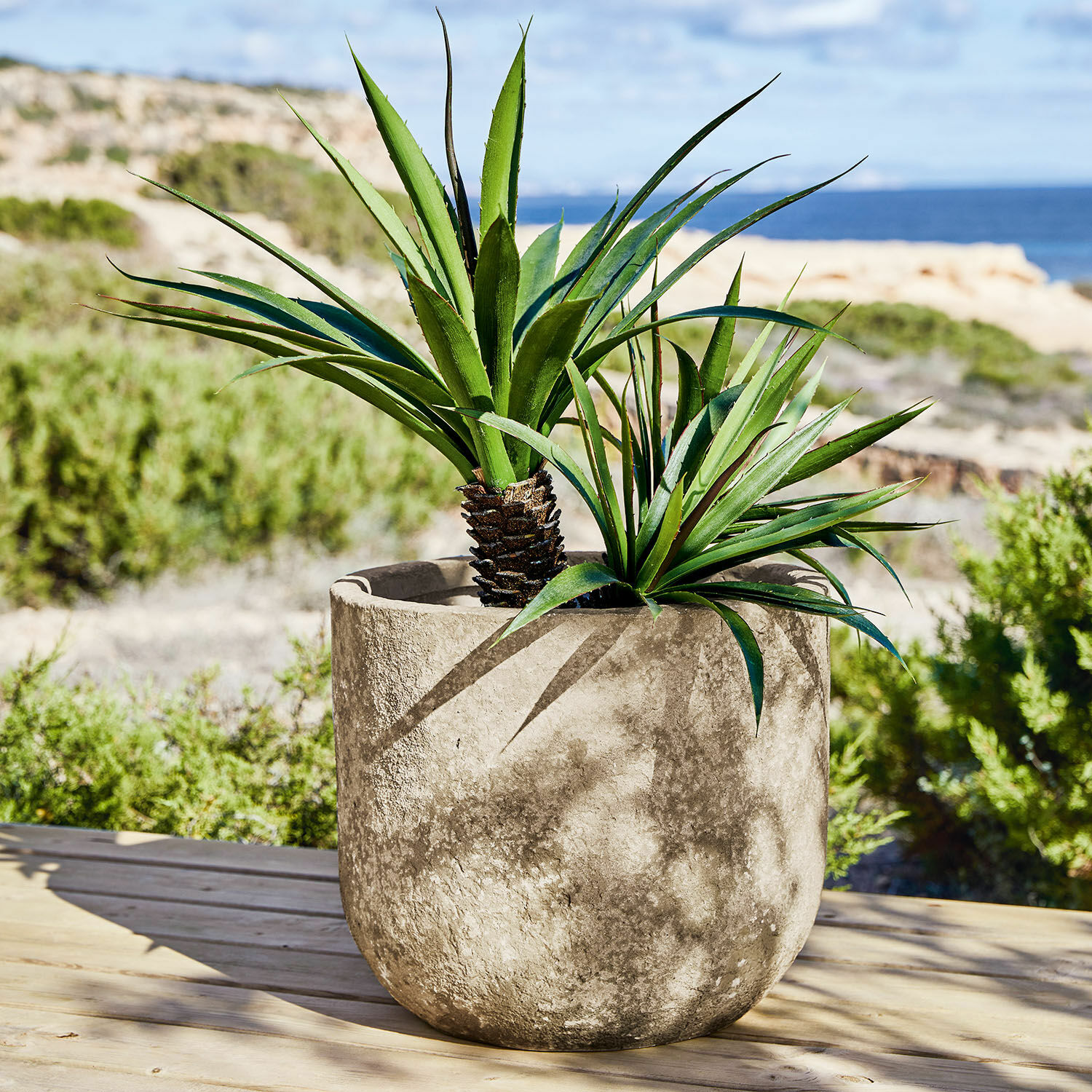 Portavaso Ela Grande vaso in cemento grigio con piante verdi su terrazza con vista mare