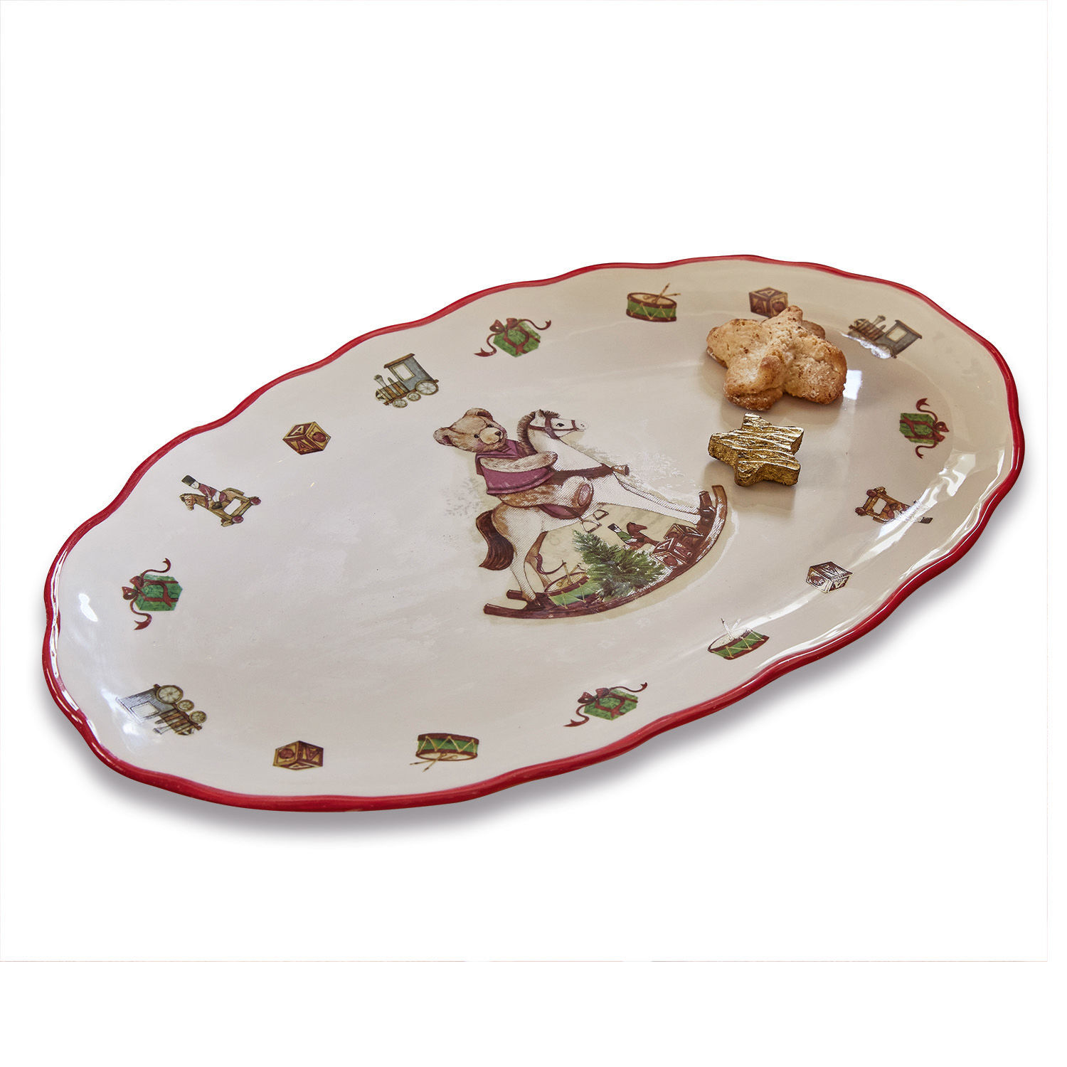 Piatto da portata Troms Vassoio ovale in ceramica con bordo rosso e motivo natalizio orso su cavallo a dondolo