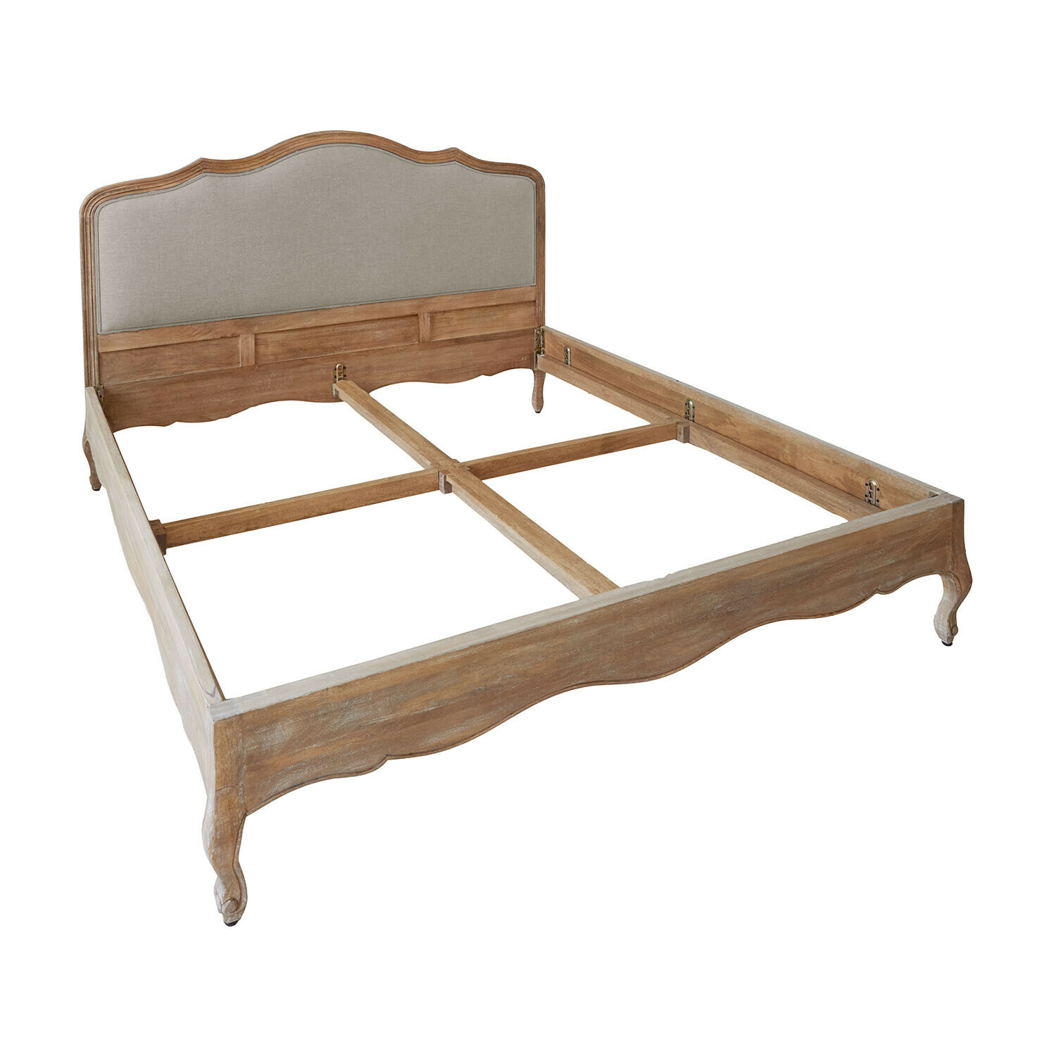 marrone/lino Letto Serravalle in legno marrone con testiera in lino beige, struttura classica con gambe sagomate