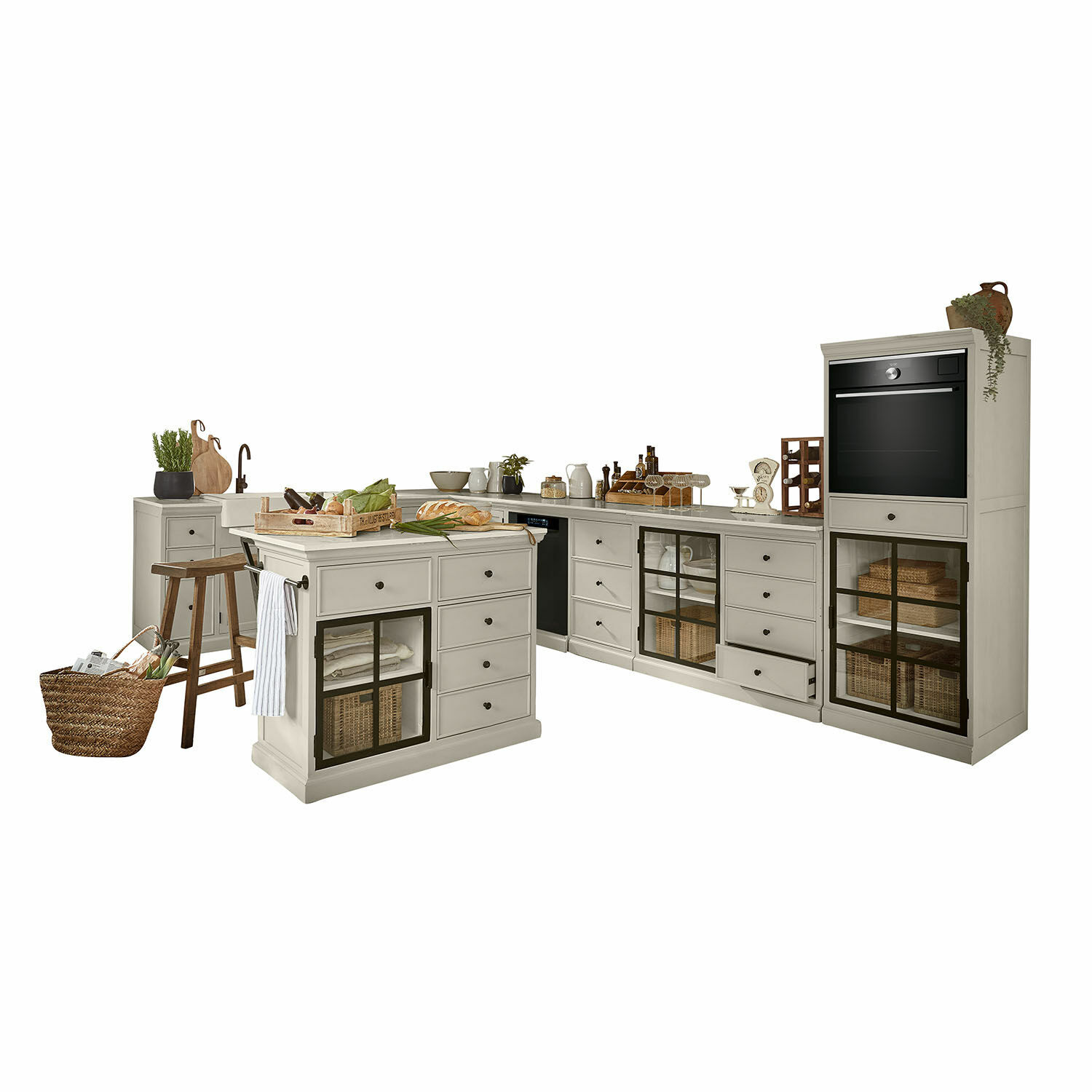 Set di 5 mobili da cucina Orlévine Cucina ad angolo con mobili in legno grigio e ante in vetro nero, dotata di forno e isola centrale