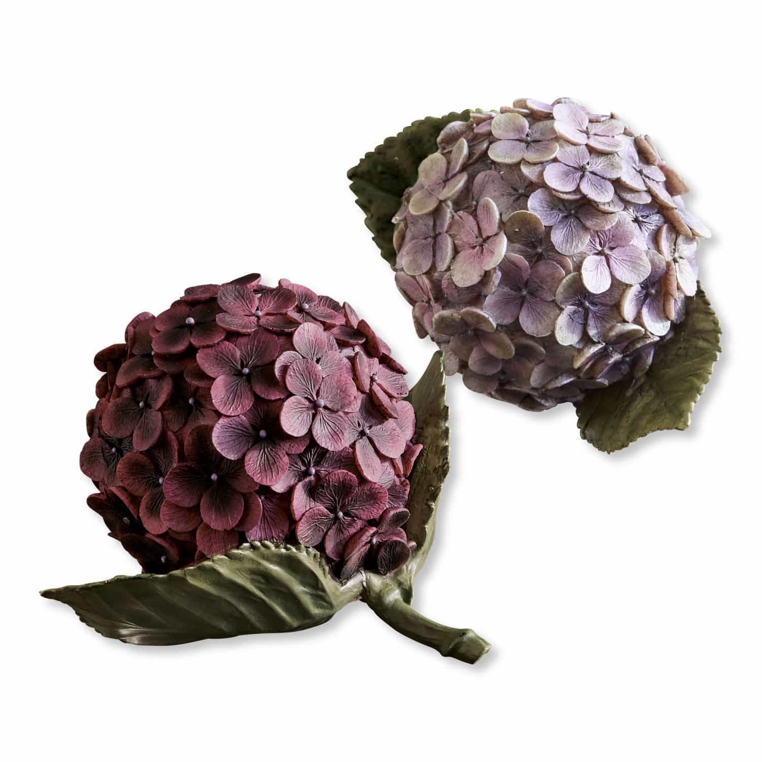 Coppia di fiori decorativi Hortensie Ortensie decorative in tonalità rosa e viola con foglie verdi su sfondo bianco