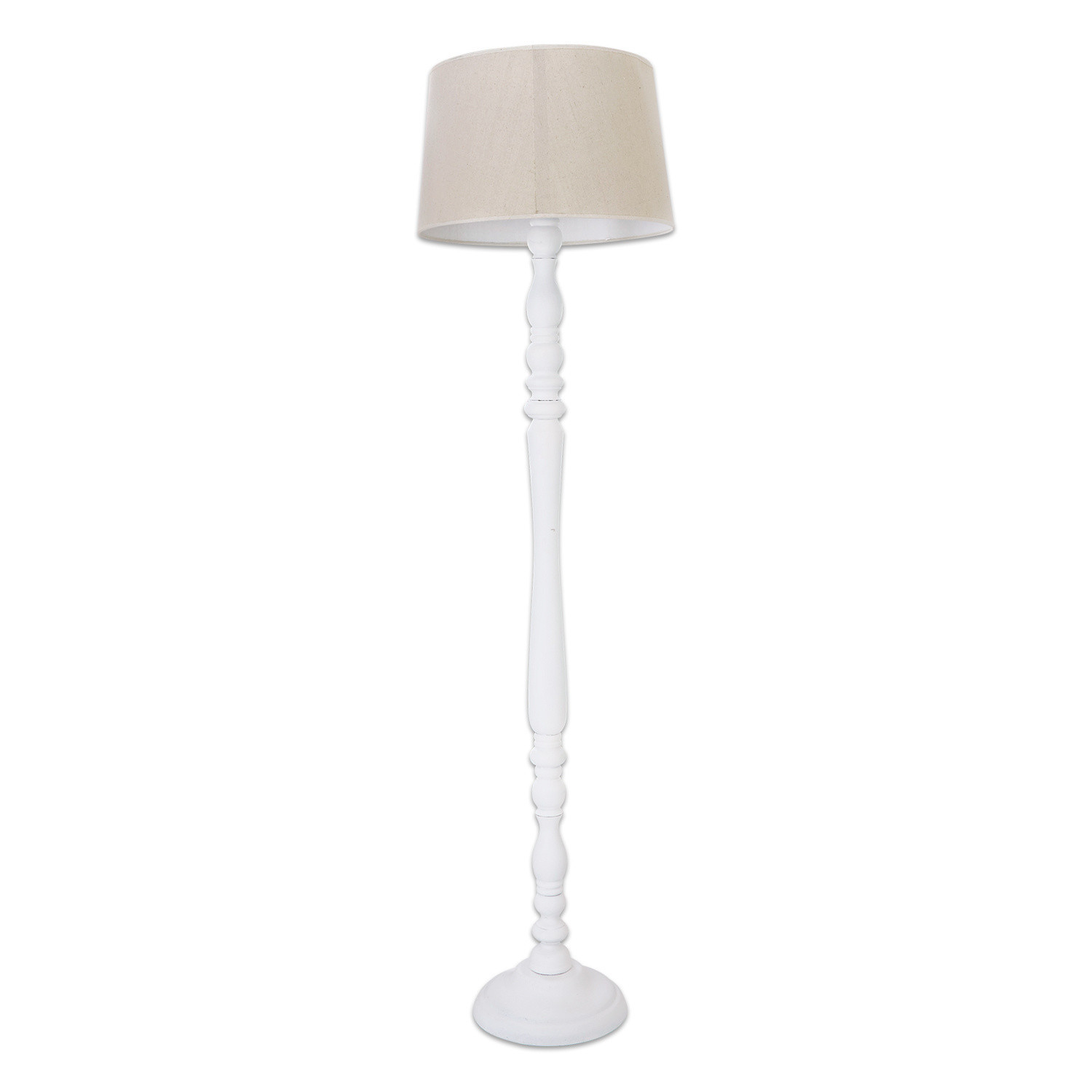 Lampada a stelo Statford Lampada da terra bianca in legno con paralume beige, design classico per soggiorno